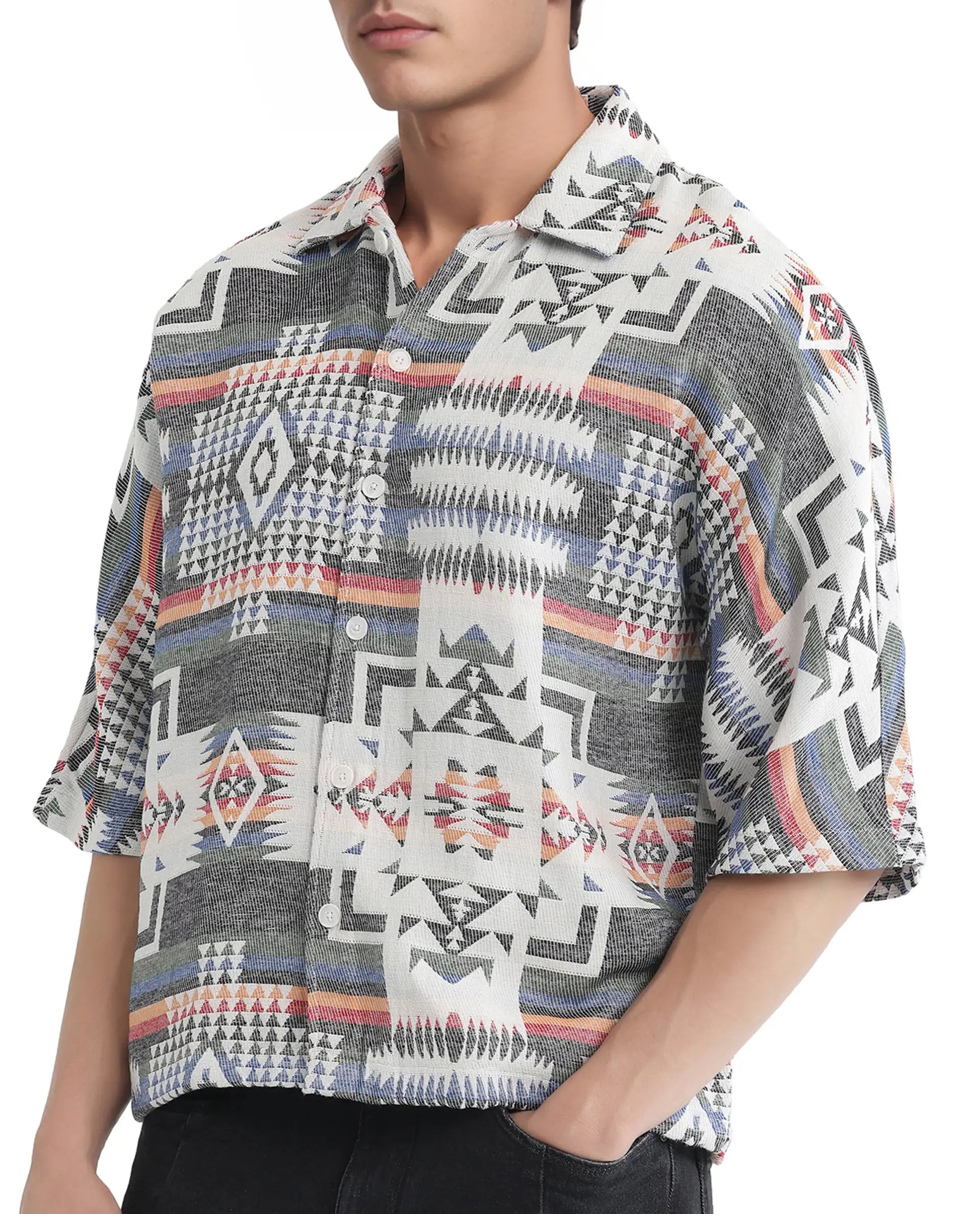 Rare Rabbit Men's Merton White Cotton Fabric Short Sleeve Collared Neck Button Closure Jacquard Shirt