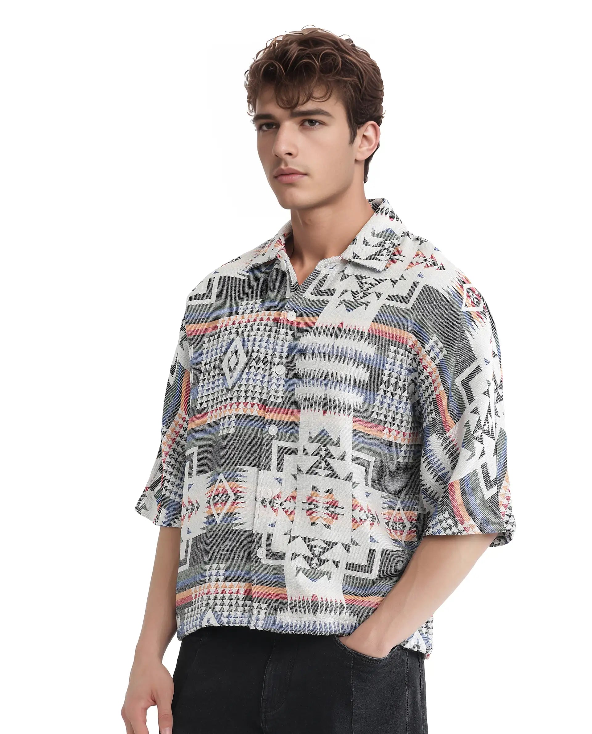 Rare Rabbit Men's Merton White Cotton Fabric Short Sleeve Collared Neck Button Closure Jacquard Shirt