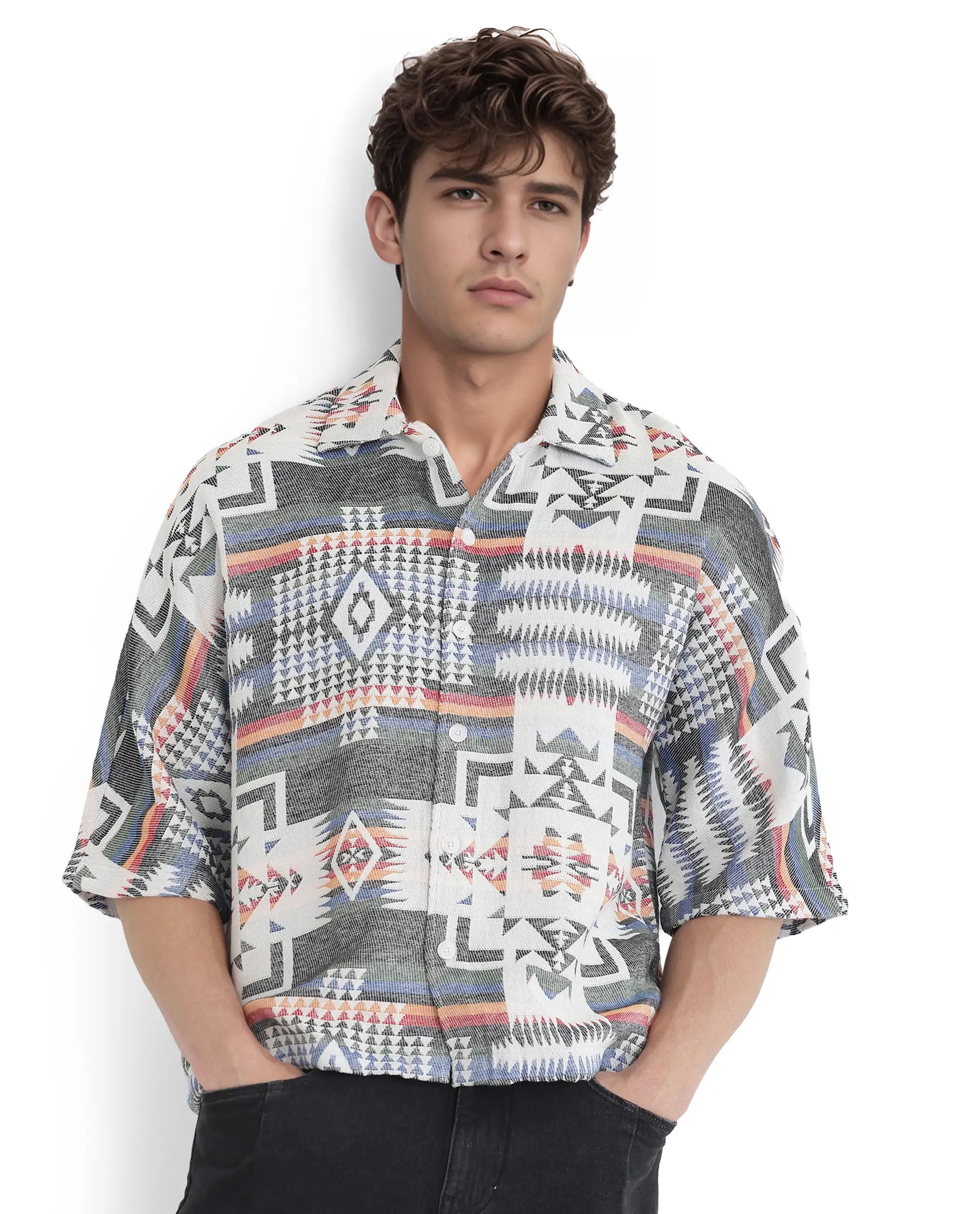 Rare Rabbit Men's Merton White Cotton Fabric Short Sleeve Collared Neck Button Closure Jacquard Shirt