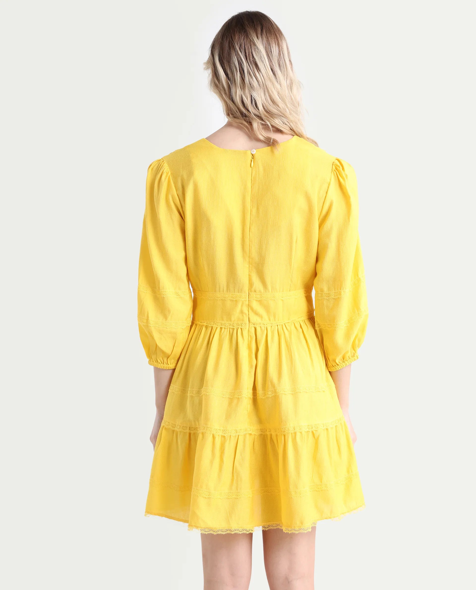 Rareism Women's Meruf Yellow Polyester Blend V-Neck Plain Balloon Sleeve Mini Regular Fit Dress