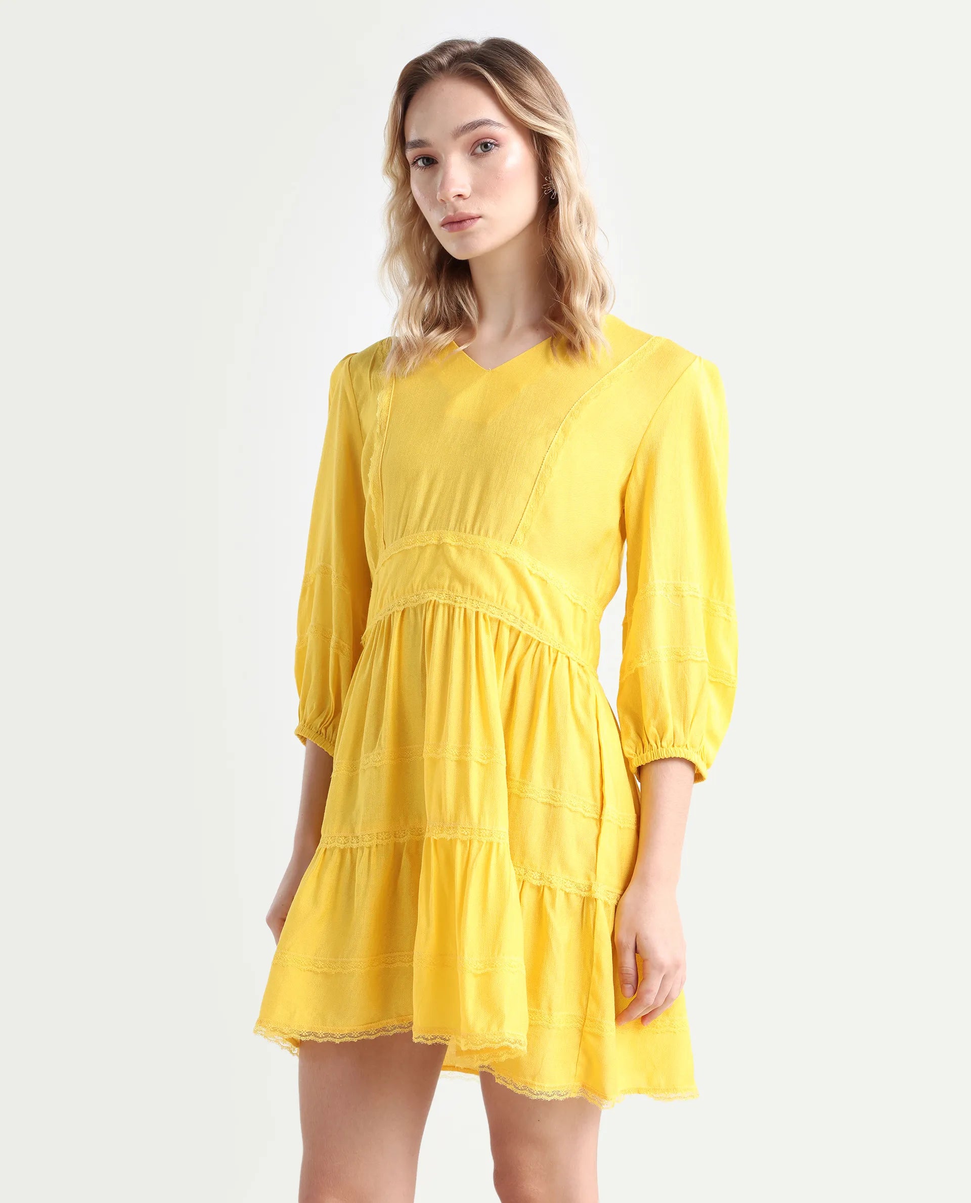 Rareism Women's Meruf Yellow Polyester Blend V-Neck Plain Balloon Sleeve Mini Regular Fit Dress