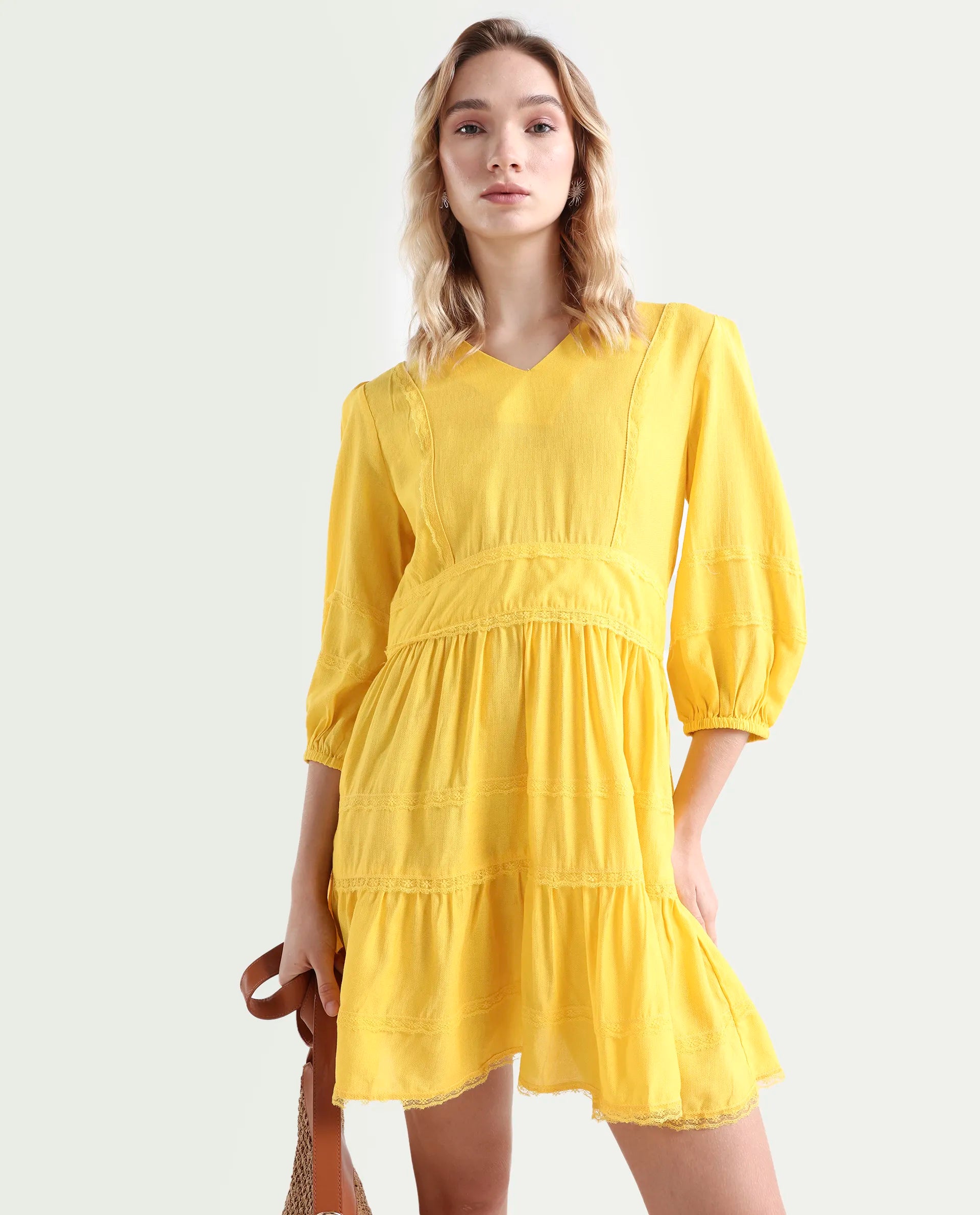 Rareism Women's Meruf Yellow Polyester Blend V-Neck Plain Balloon Sleeve Mini Regular Fit Dress