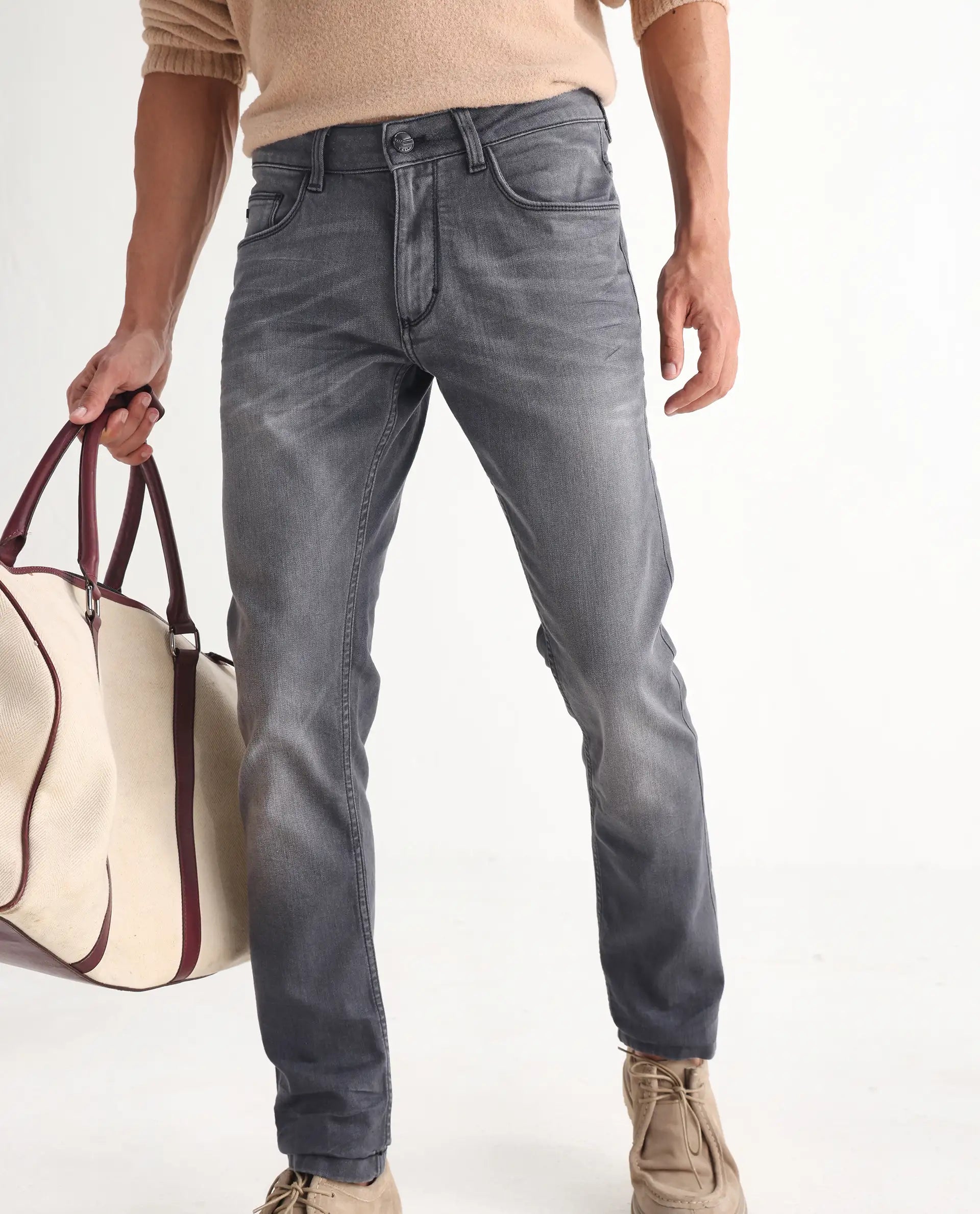 Rare Rabbit Men's Mesa Grey Cotton Blend Plain Hawk Slim Fit Jeans