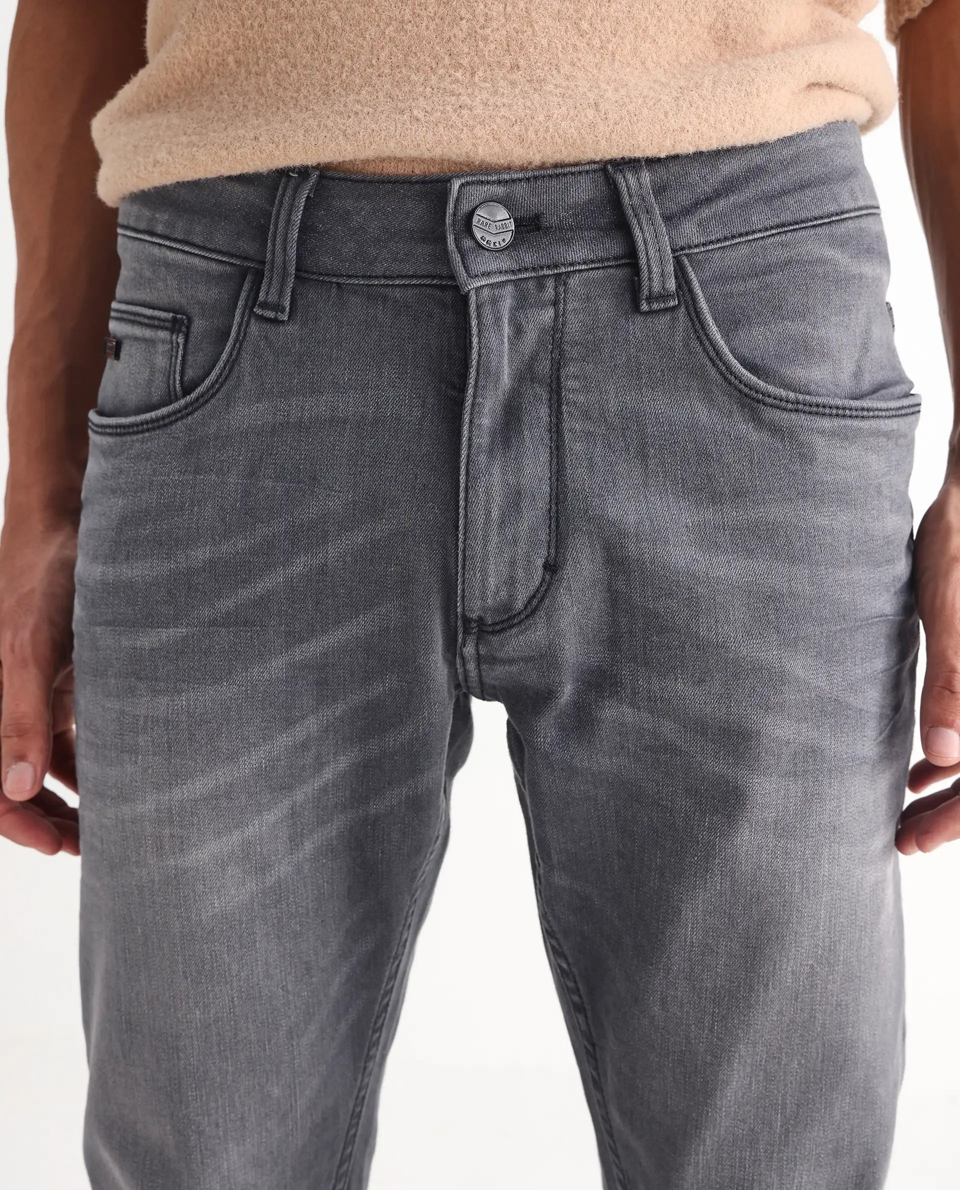 Rare Rabbit Men's Mesa Grey Cotton Blend Plain Hawk Slim Fit Jeans