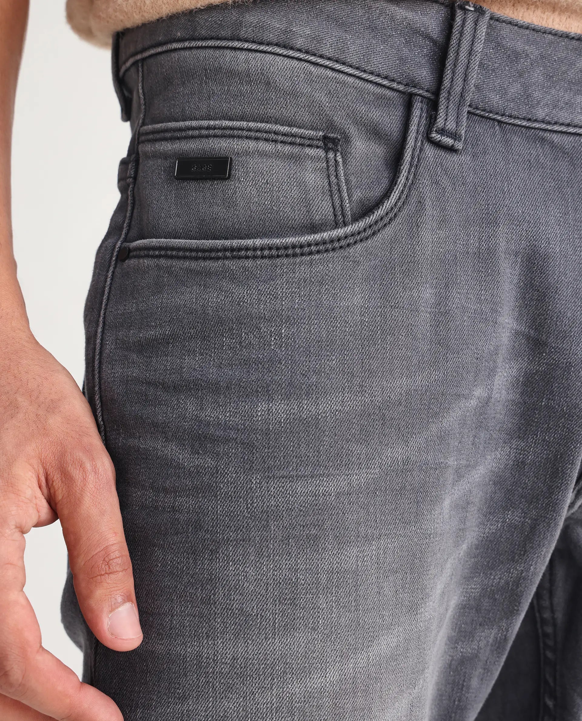 Rare Rabbit Men's Mesa Grey Cotton Blend Plain Hawk Slim Fit Jeans