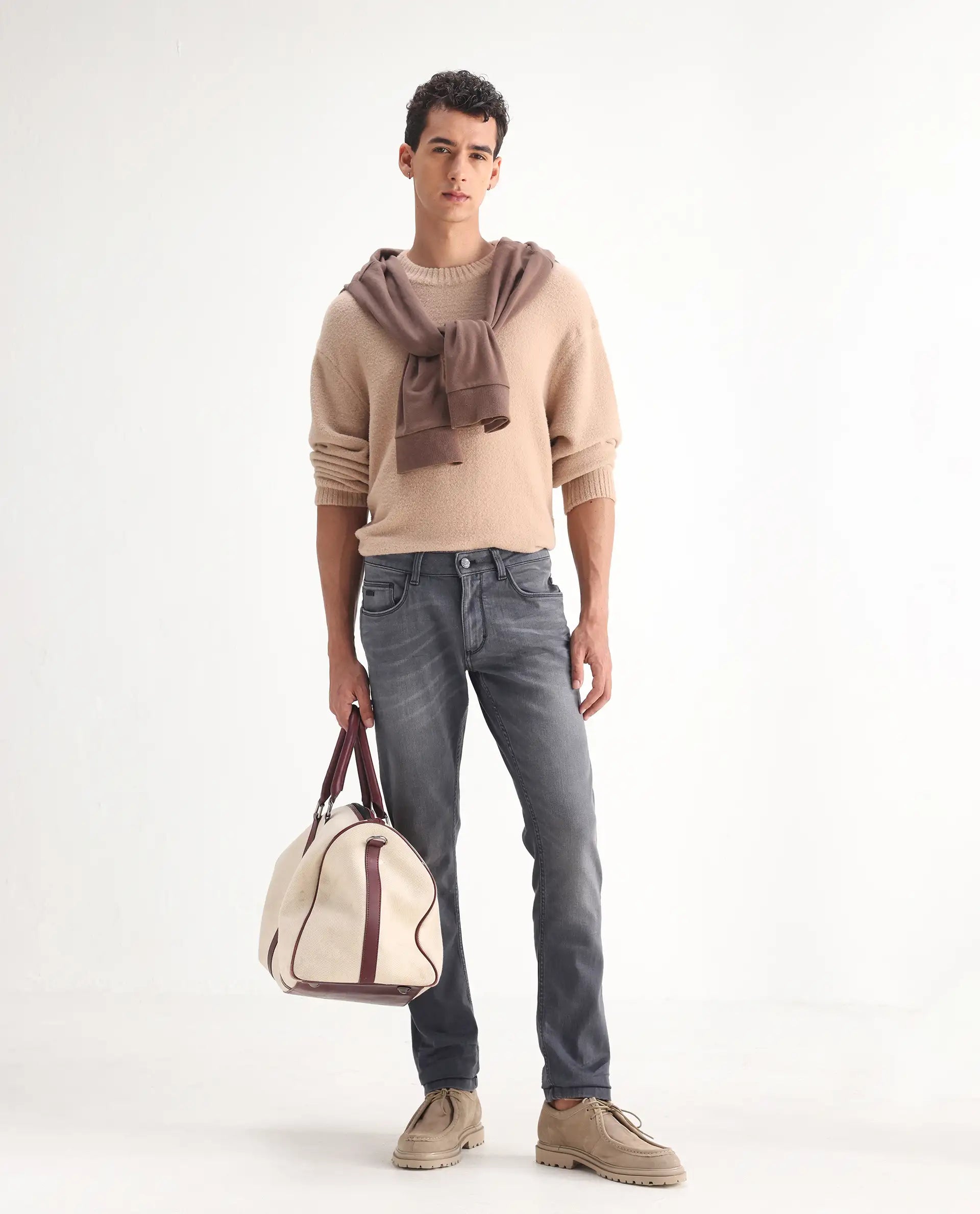 Rare Rabbit Men's Mesa Grey Cotton Blend Plain Hawk Slim Fit Jeans