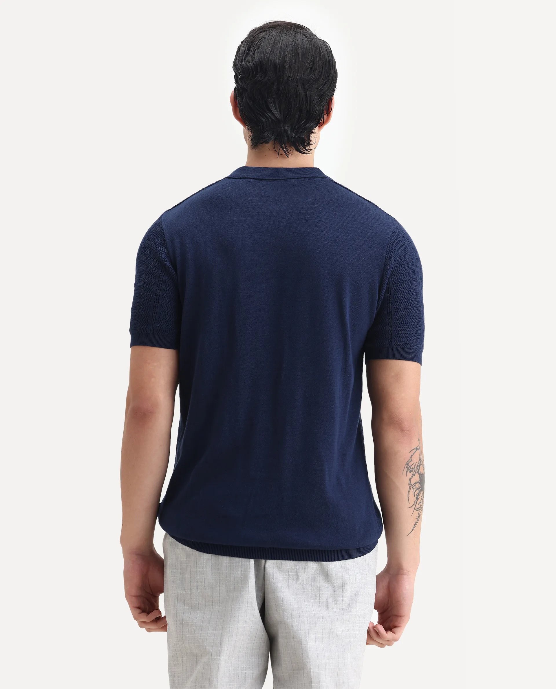 Rare Rabbit Men's Mesk Dark Blue Cotton Textured Regular Fit Half Sleeve Polo