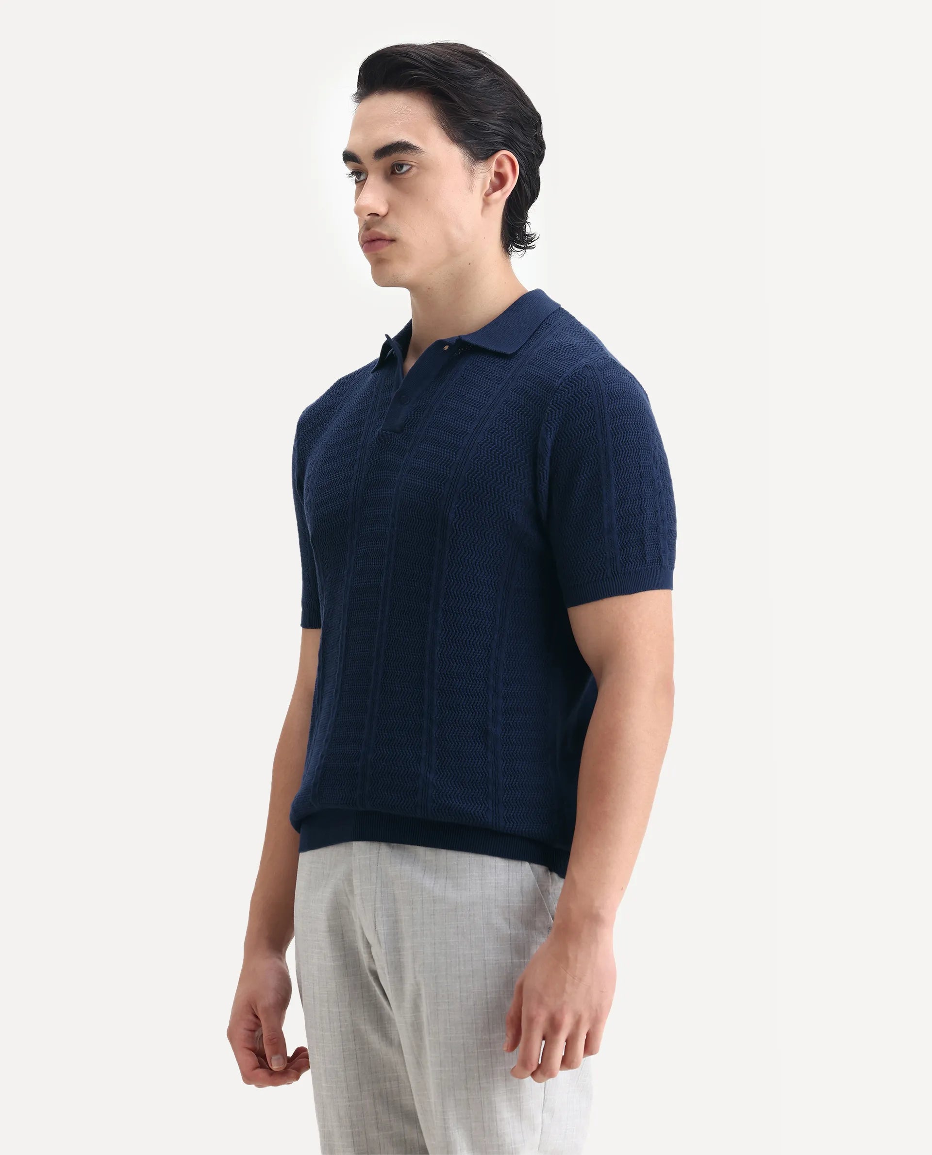 Rare Rabbit Men's Mesk Dark Blue Cotton Textured Regular Fit Half Sleeve Polo