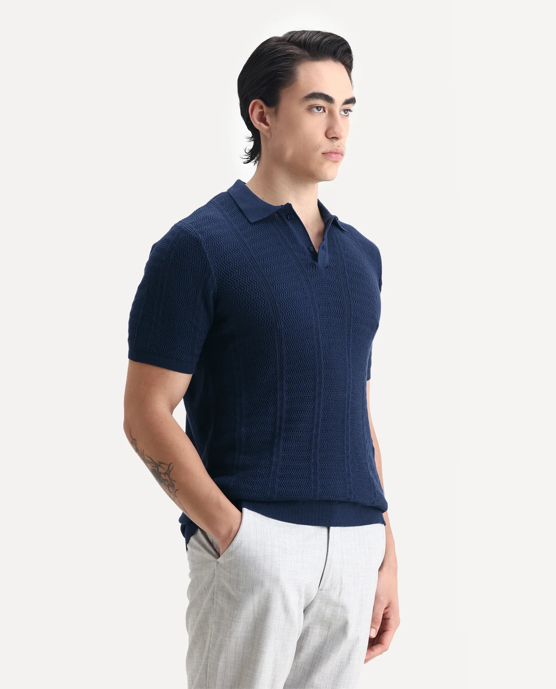 Rare Rabbit Men's Mesk Dark Blue Cotton Textured Regular Fit Half Sleeve Polo