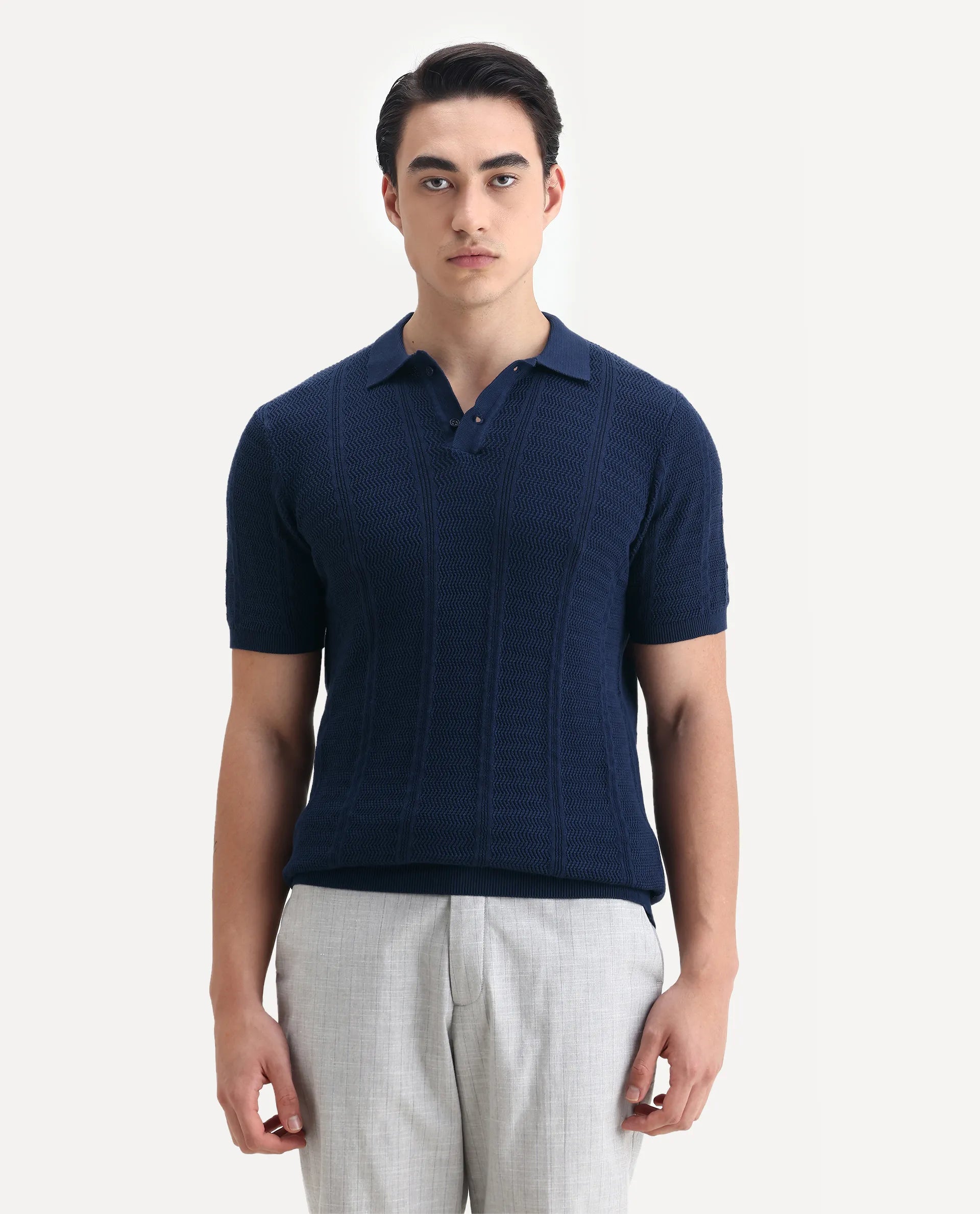 Rare Rabbit Men's Mesk Dark Blue Cotton Textured Regular Fit Half Sleeve Polo