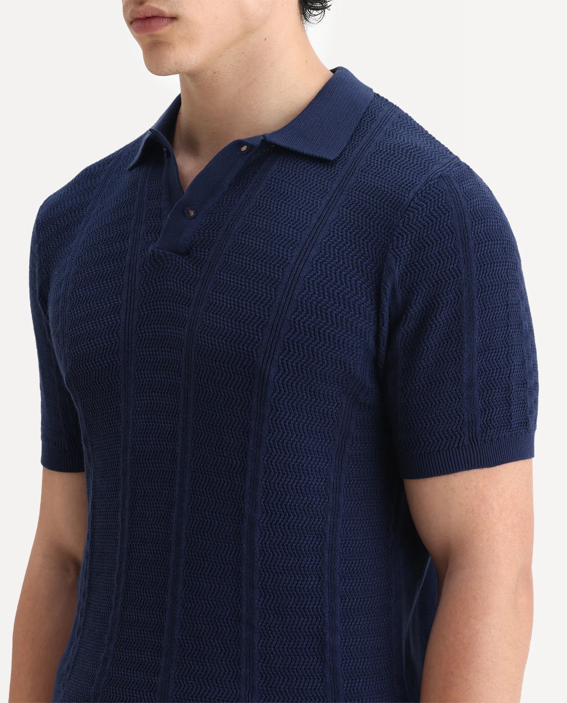 Rare Rabbit Men's Mesk Dark Blue Cotton Textured Regular Fit Half Sleeve Polo