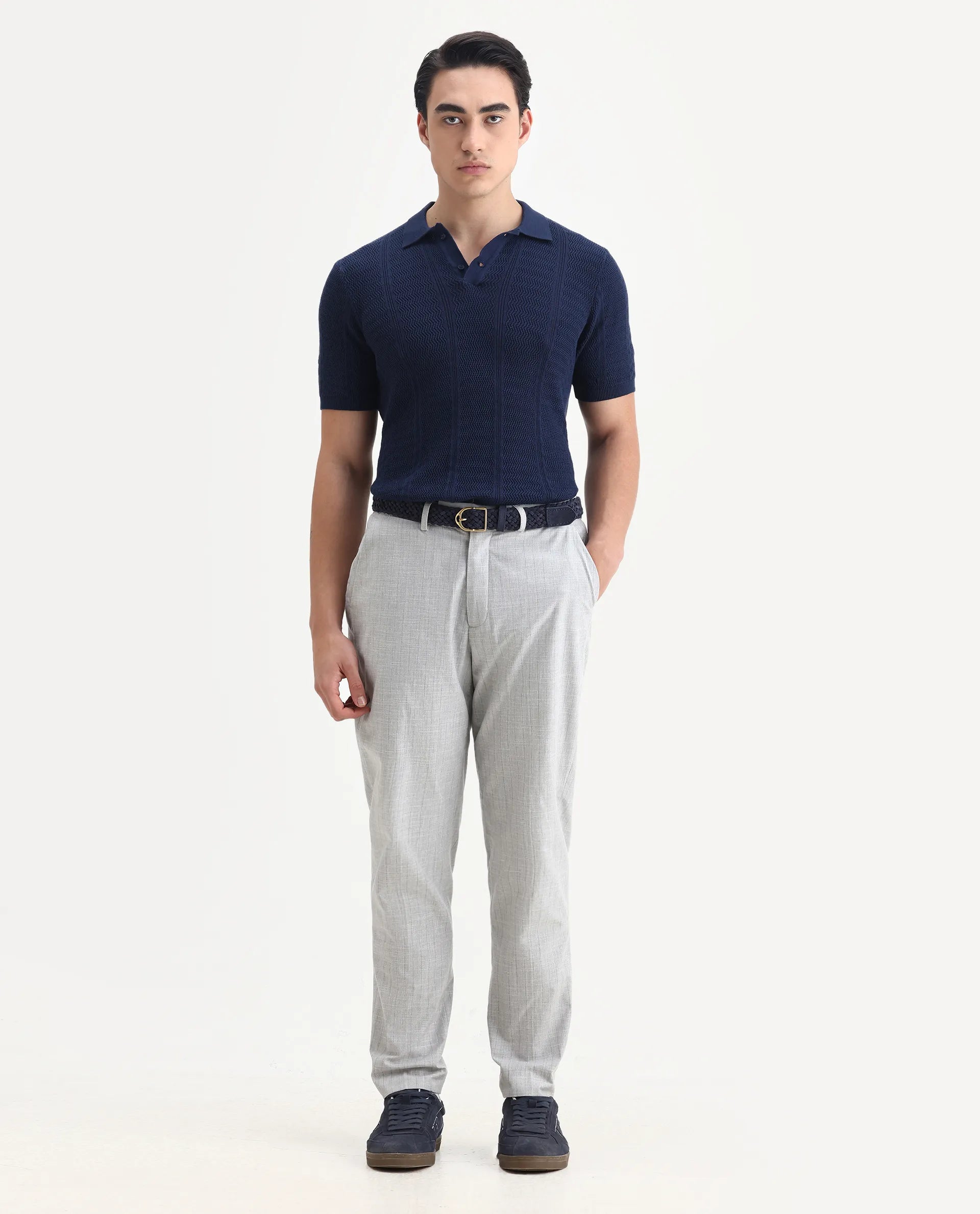 Rare Rabbit Men's Mesk Dark Blue Cotton Textured Regular Fit Half Sleeve Polo