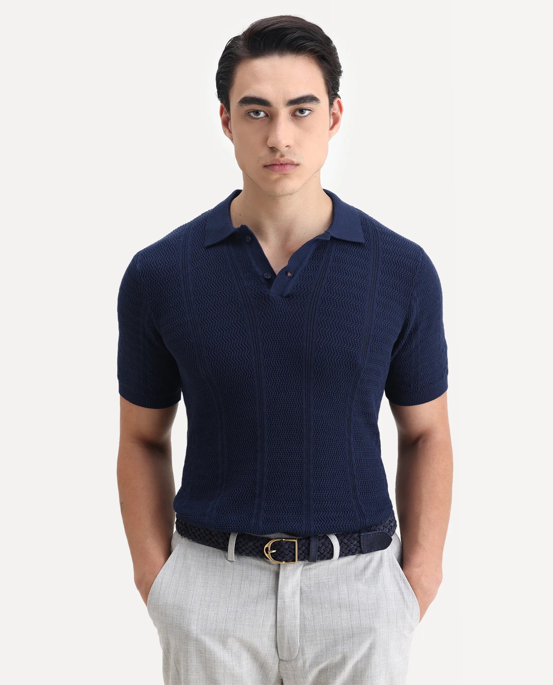 Rare Rabbit Men's Mesk Dark Blue Cotton Textured Regular Fit Half Sleeve Polo