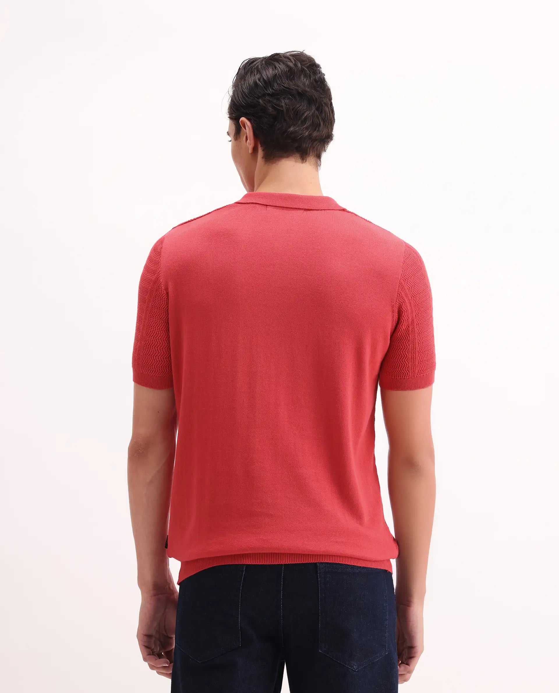 Rare Rabbit Men's Mesk Orange Cotton Textured Regular Fit Half Sleeve Polo