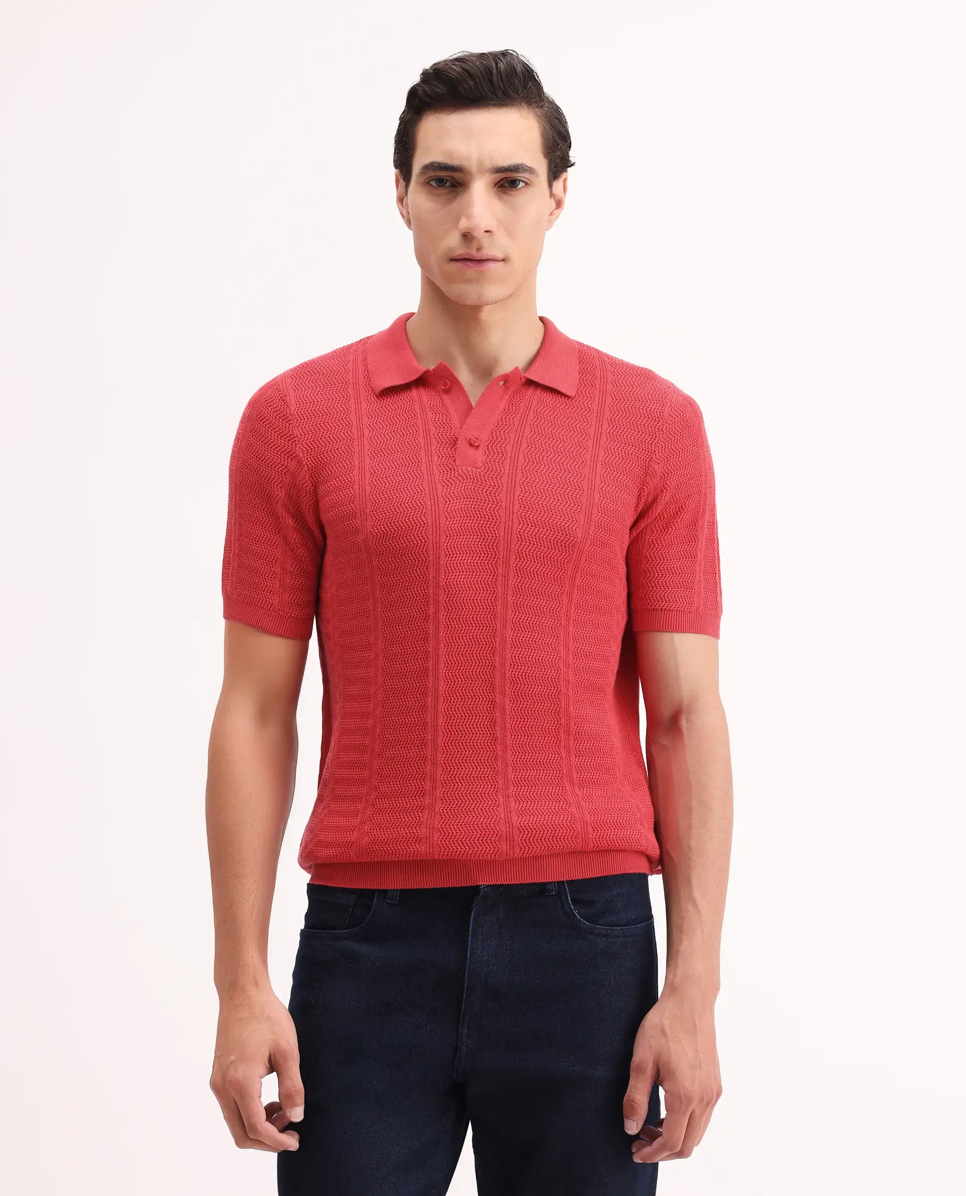 Rare Rabbit Men's Mesk Orange Cotton Textured Regular Fit Half Sleeve Polo