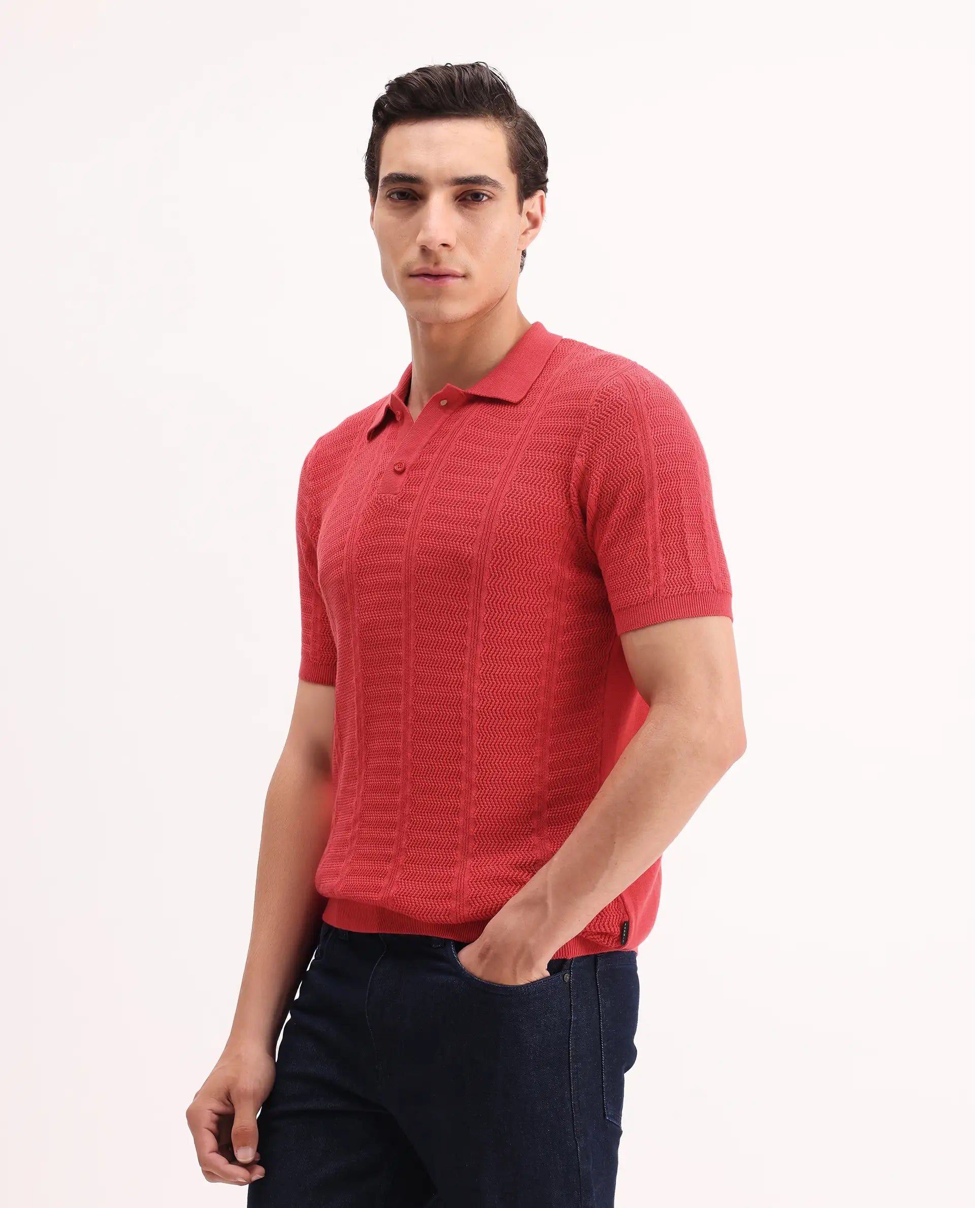 Rare Rabbit Men's Mesk Orange Cotton Textured Regular Fit Half Sleeve Polo