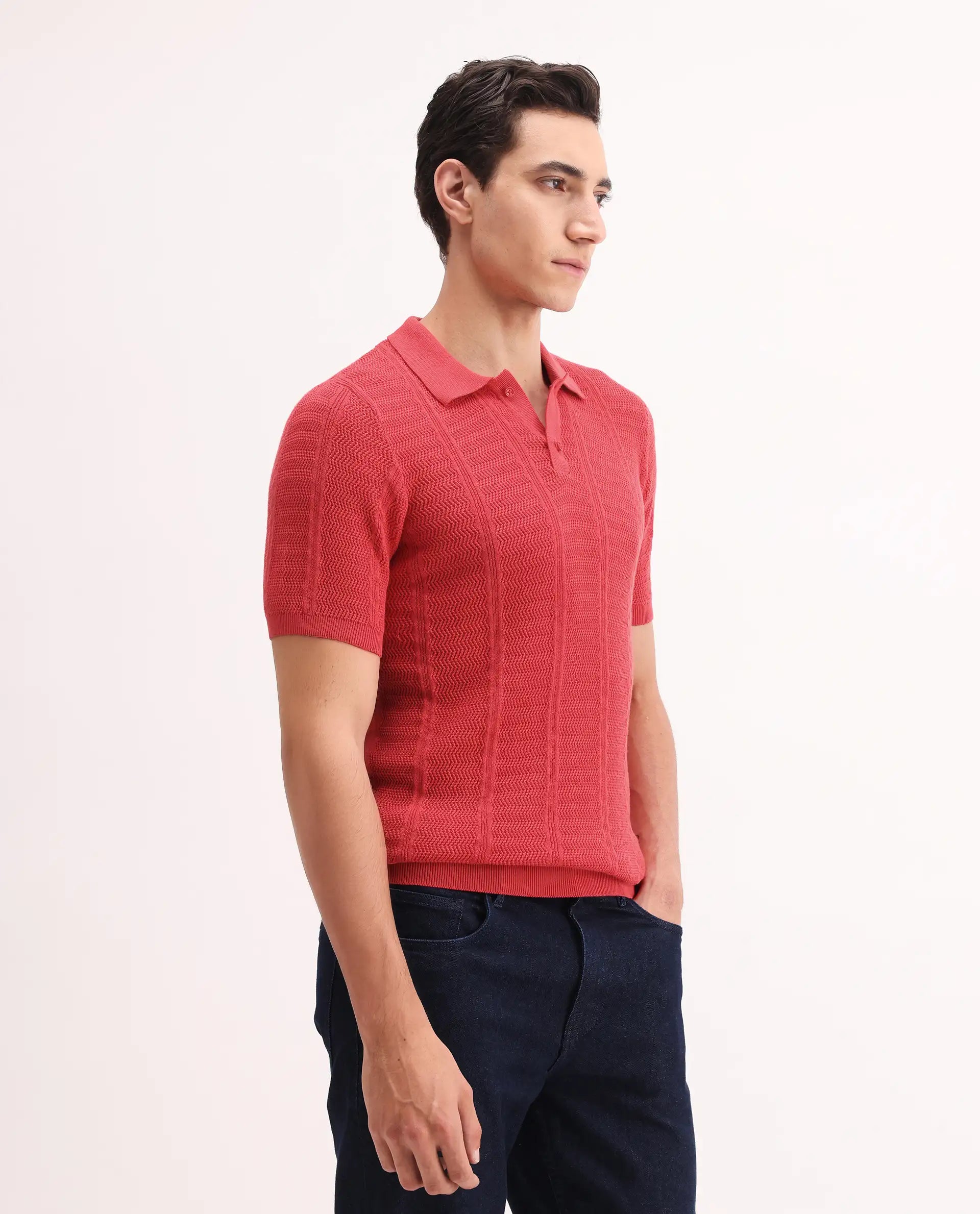 Rare Rabbit Men's Mesk Orange Cotton Textured Regular Fit Half Sleeve Polo