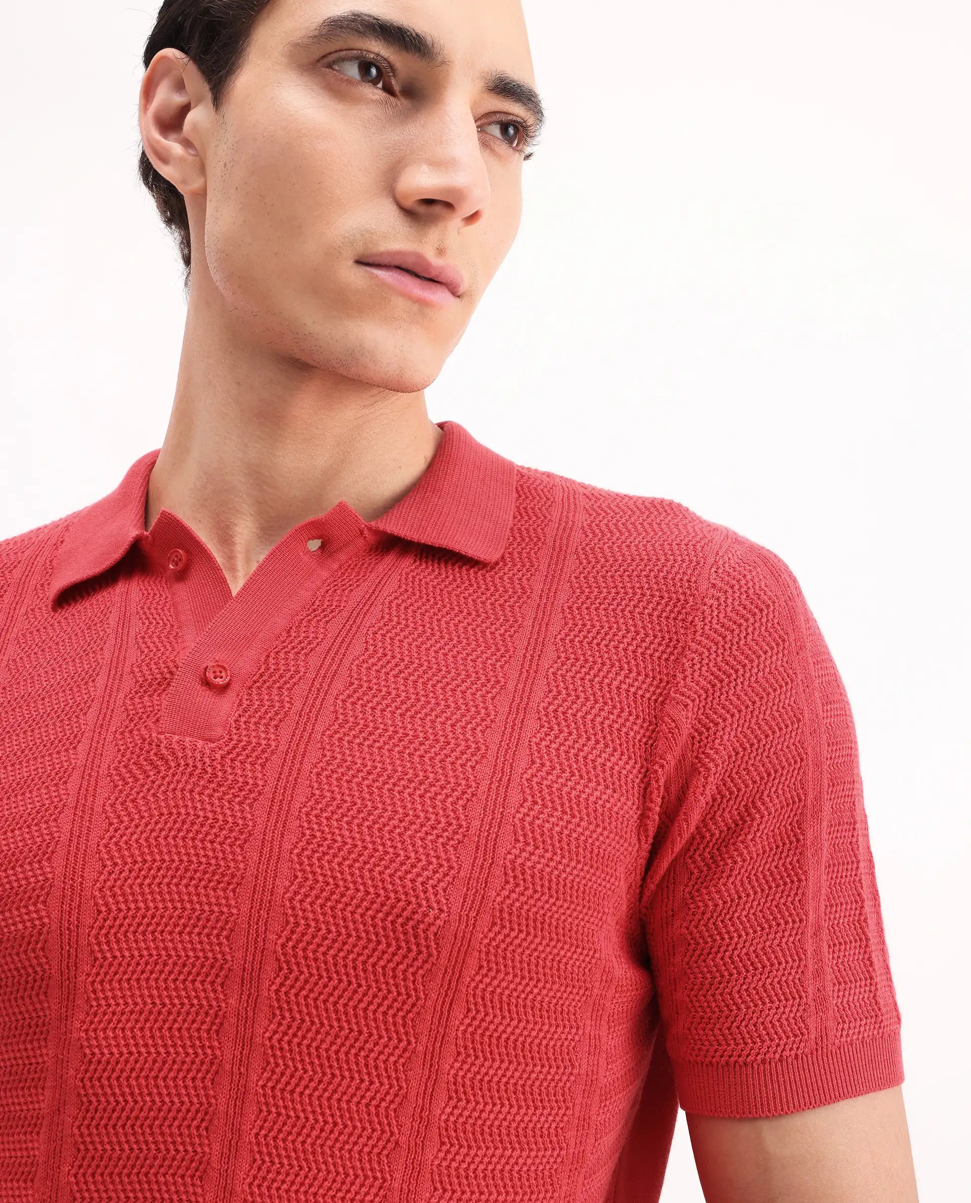 Rare Rabbit Men's Mesk Orange Cotton Textured Regular Fit Half Sleeve Polo