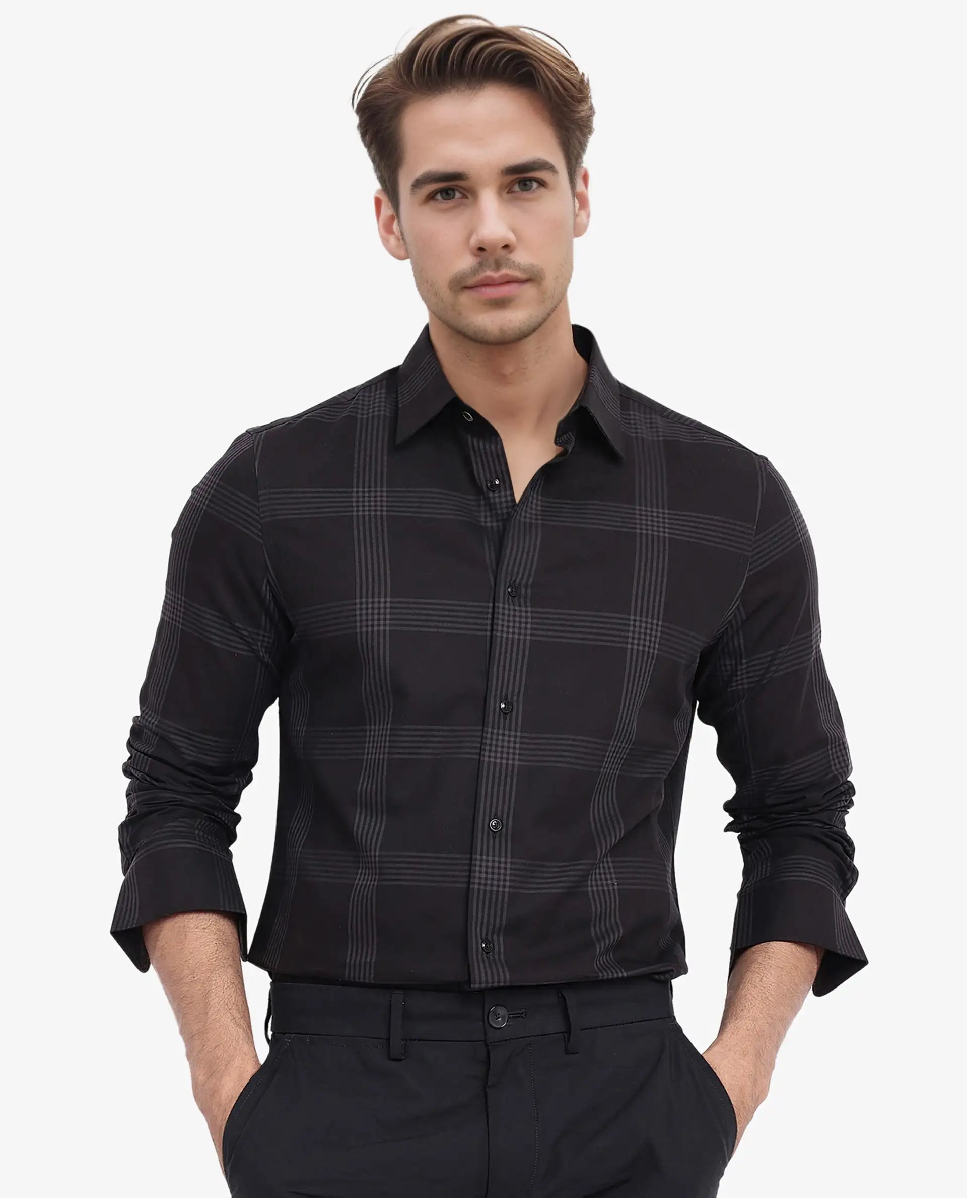 Rare Rabbit Men's Mestor Black Checked Print Regular Fit Full Sleeve Collared Shirt