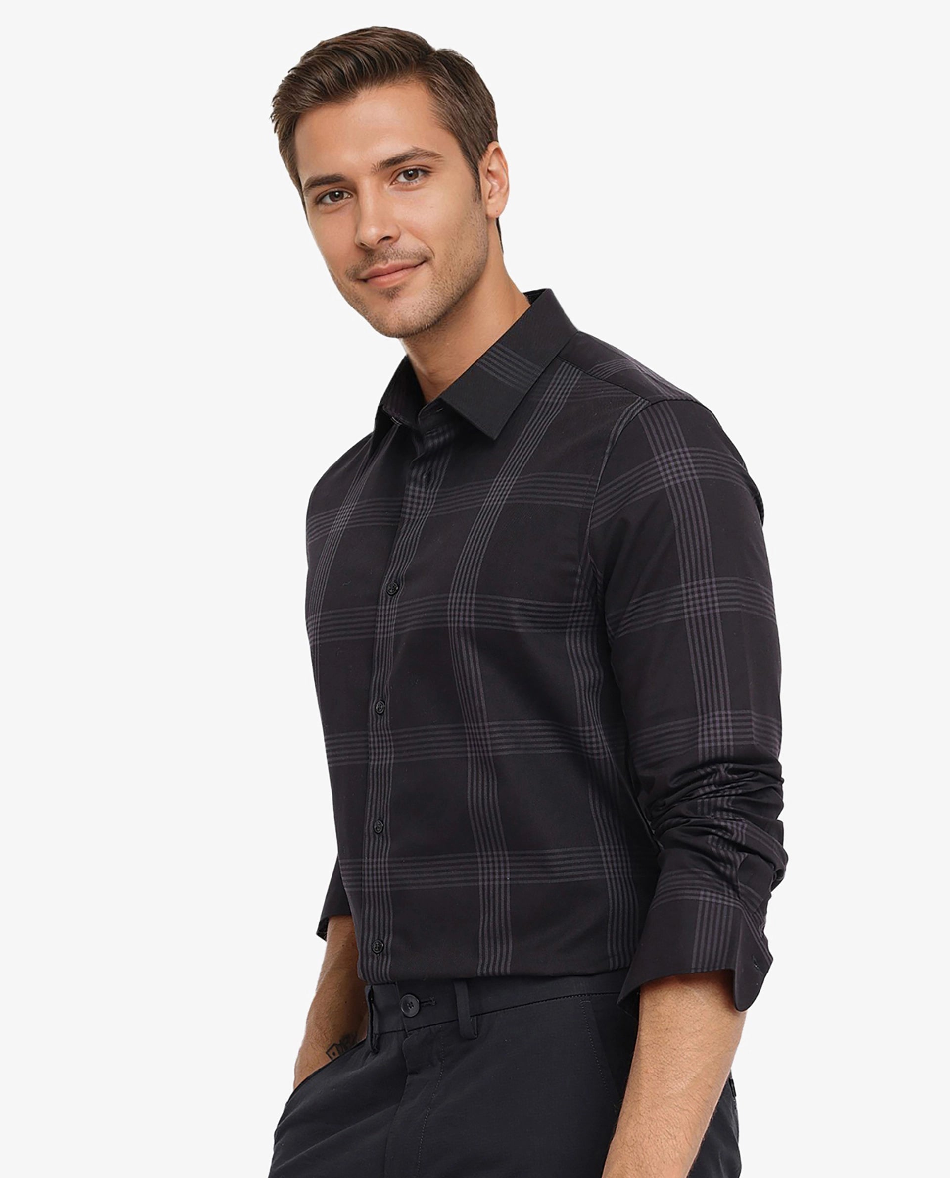 Rare Rabbit Men Mestor Black Full Sleeve Regular Collar Button Closure Regular Fit Checks Shirt