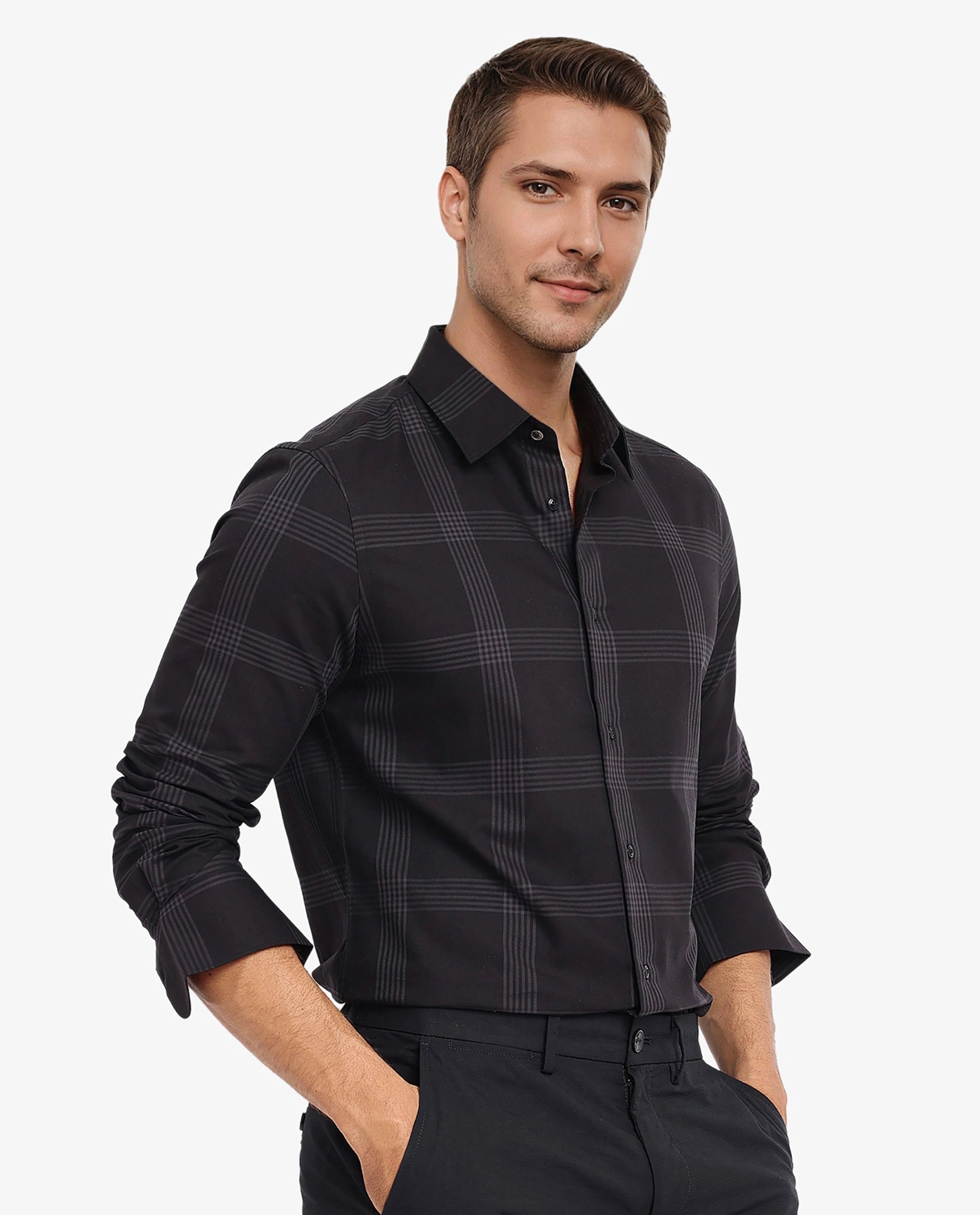 Rare Rabbit Men Mestor Black Full Sleeve Regular Collar Button Closure Regular Fit Checks Shirt