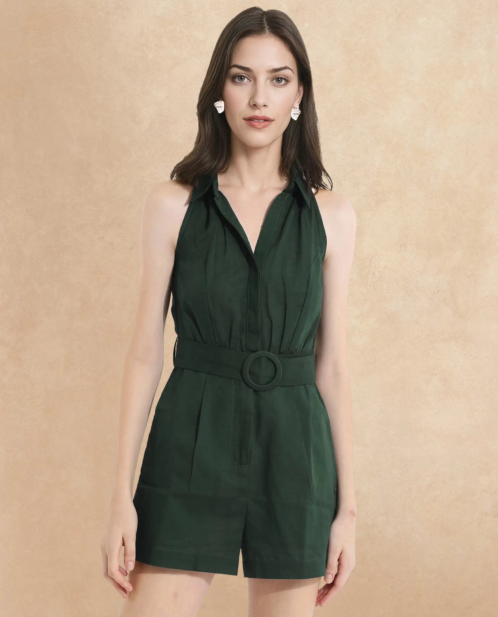 Rareism Women Messina Light Green Sleeveless Halter Neck Button Plain Mini Dress