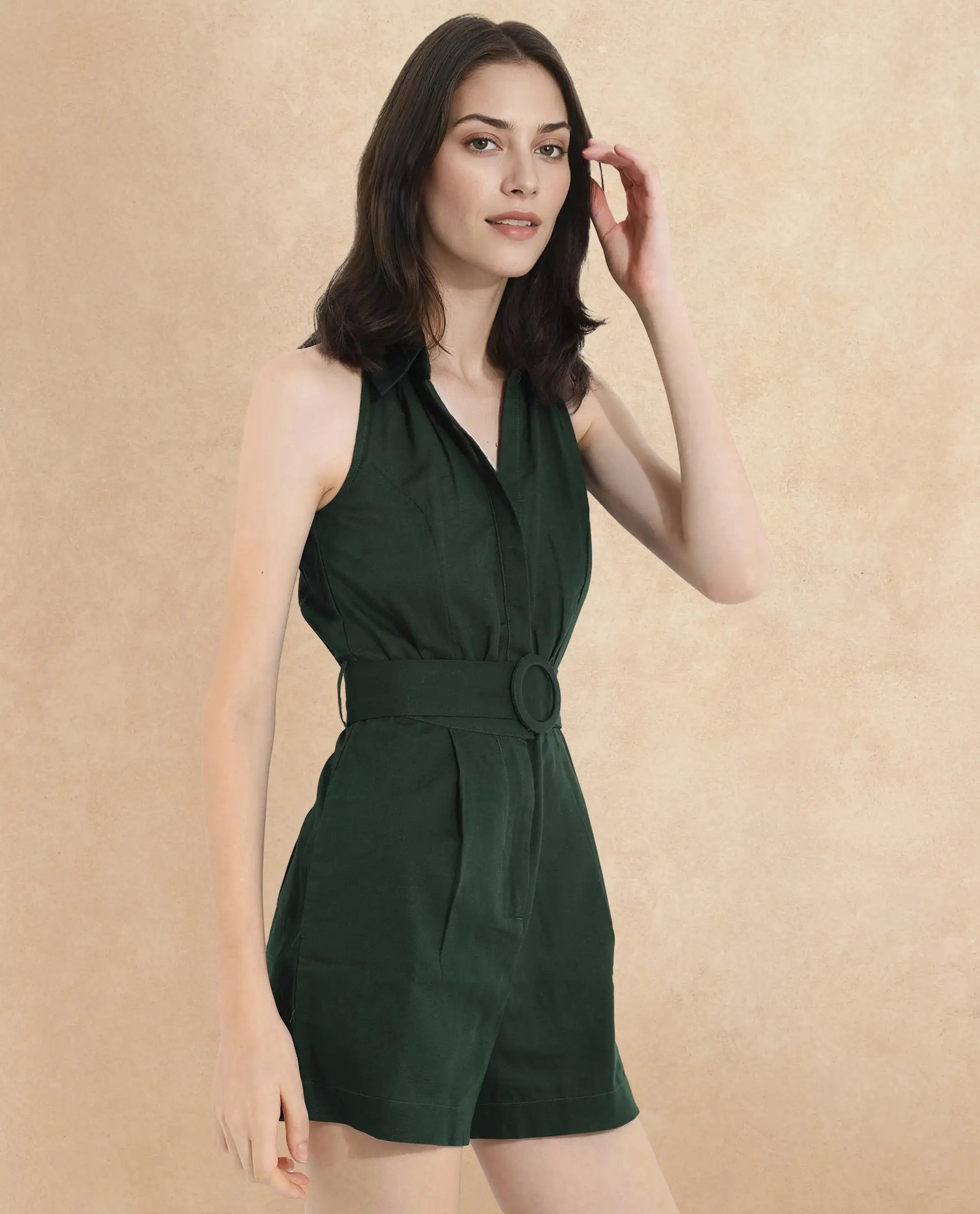 Rareism Women Messina Light Green Sleeveless Halter Neck Button Plain Mini Dress