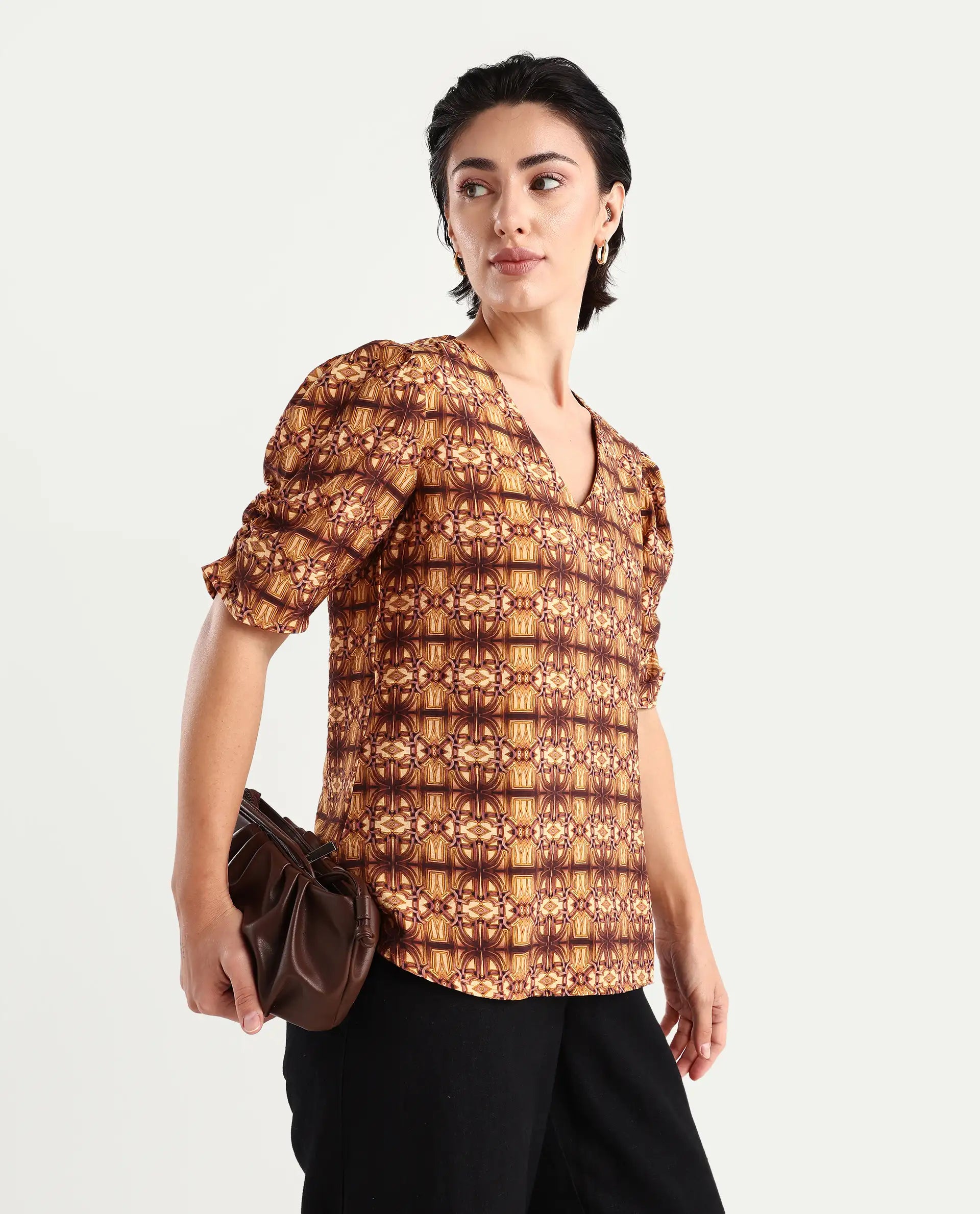 Rareism Women's Messo Light Brown Nylon Blend V-Neck Abstract Print Puff Sleeves Regular Fit Top