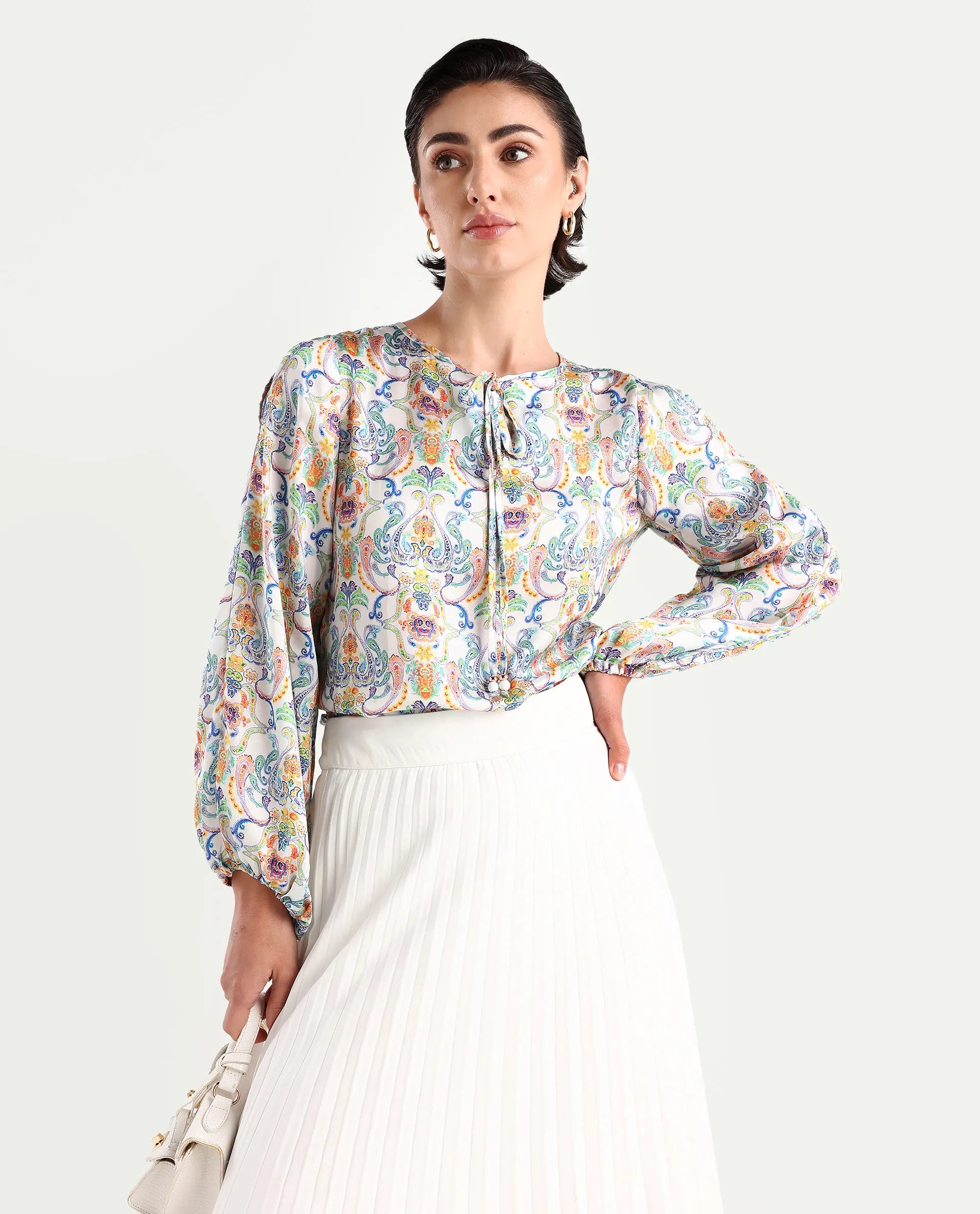 Rareism Women's Mester Multi Polyester Tie-Up Neck Paisley Print Bishop Sleeve Regular Fit Top