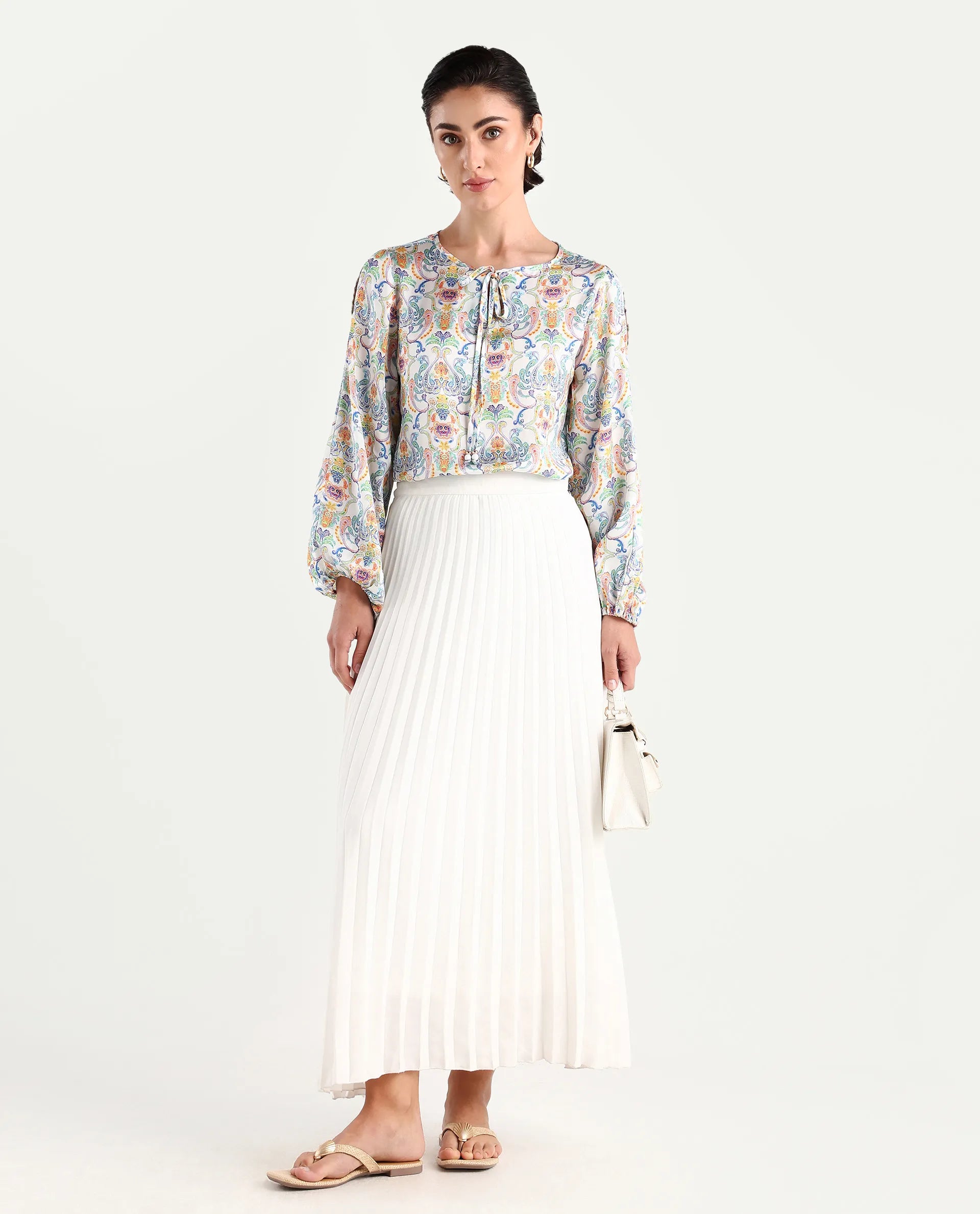 Rareism Women's Mester Multi Polyester Tie-Up Neck Paisley Print Bishop Sleeve Regular Fit Top