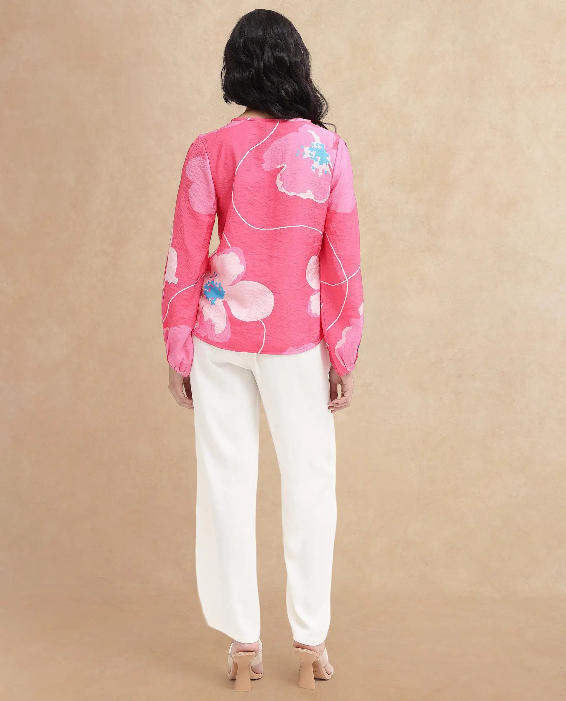 Rareism Women Mestero Pink Bishop Sleeve Tie Up Neck Floral Print Top