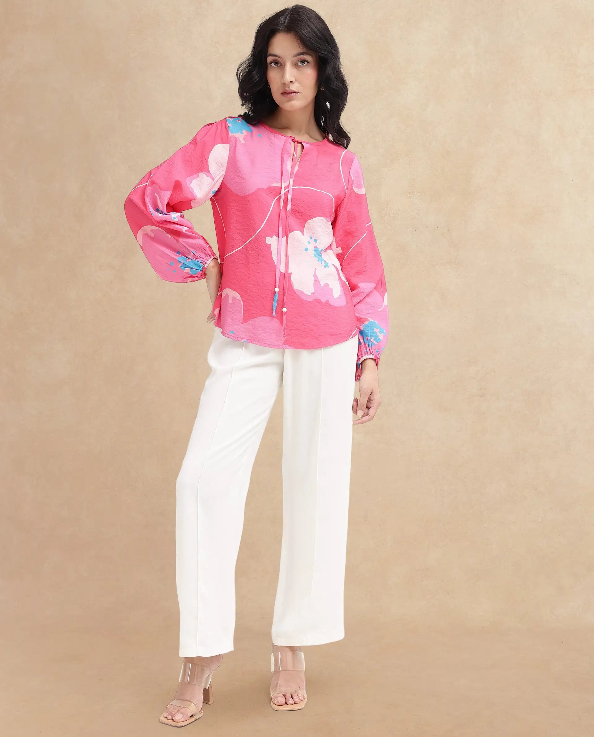 Rareism Women Mestero Pink Bishop Sleeve Tie Up Neck Floral Print Top