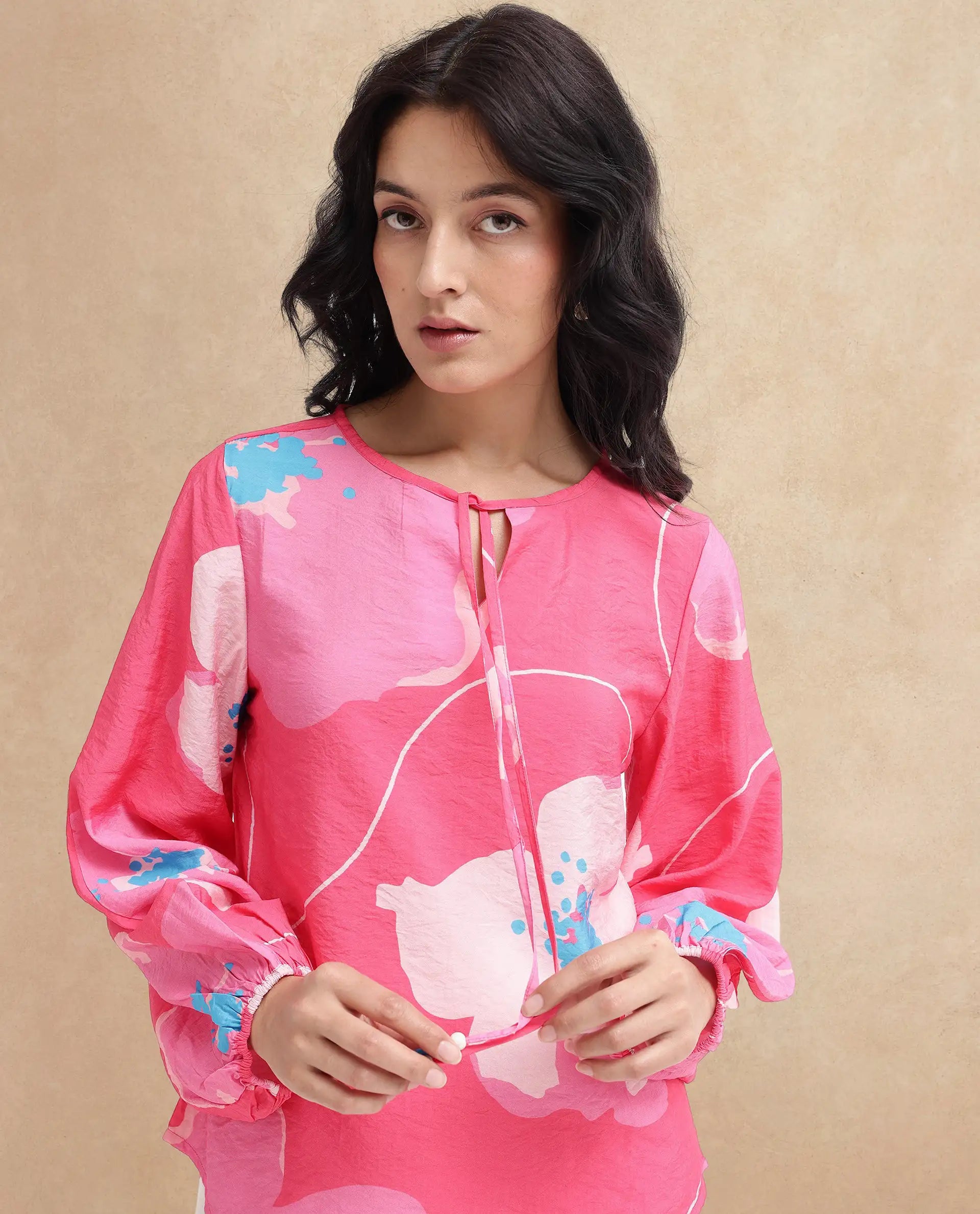 Rareism Women Mestero Pink Bishop Sleeve Tie Up Neck Floral Print Top