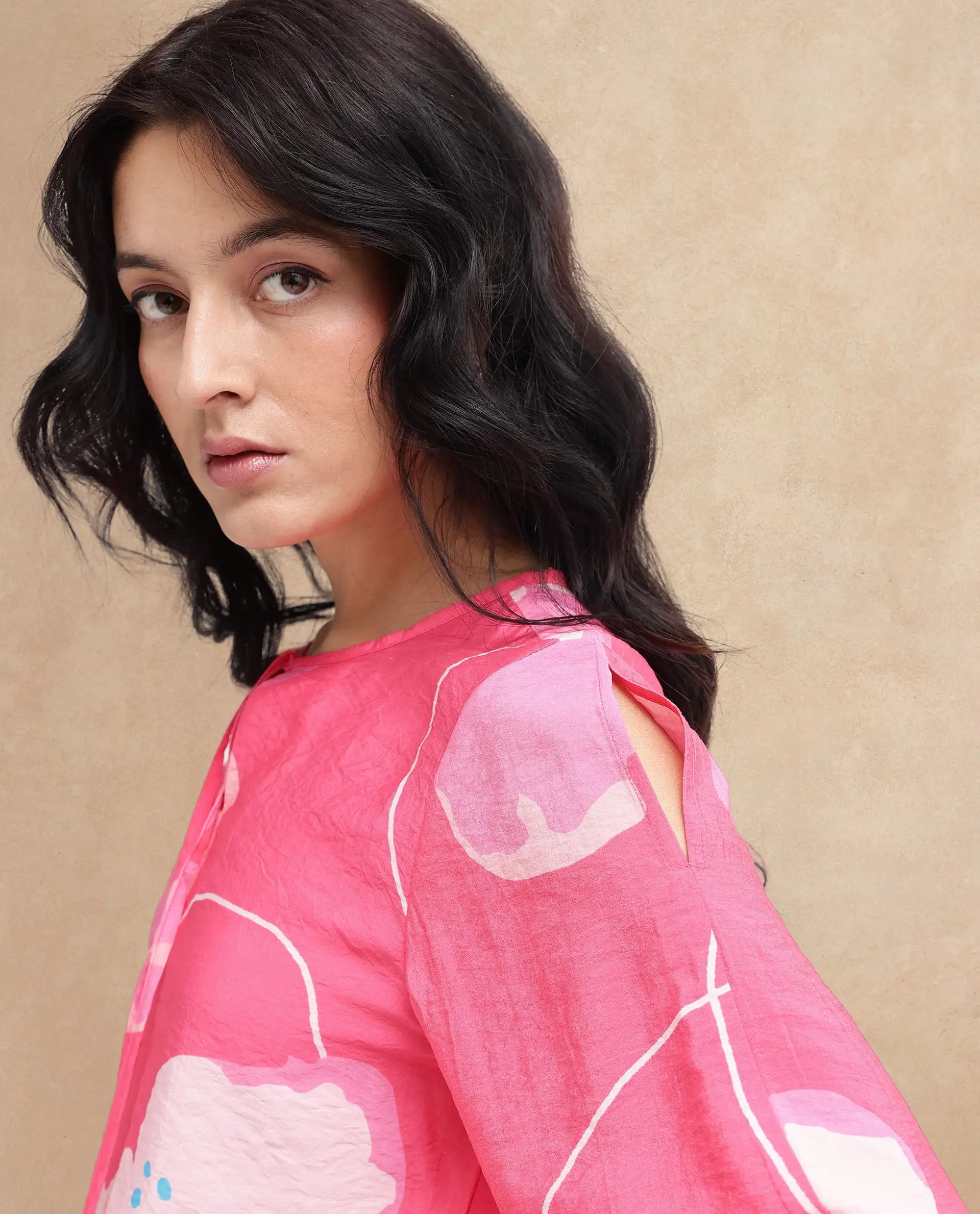 Rareism Women Mestero Pink Bishop Sleeve Tie Up Neck Floral Print Top