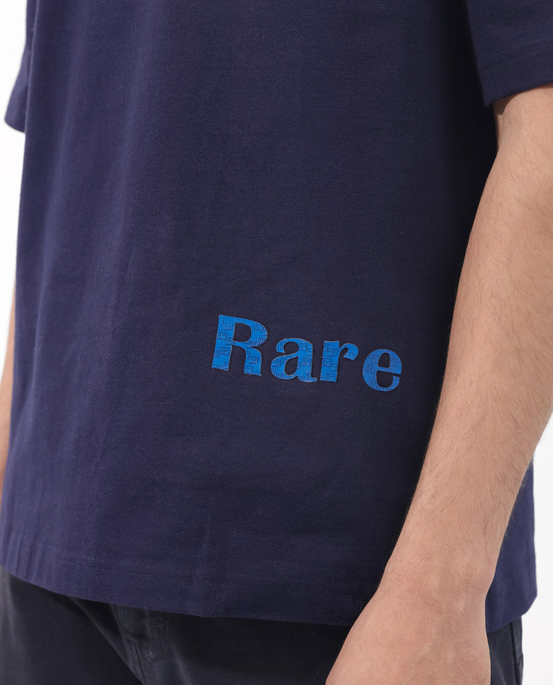 Rare Rabbit Articale Men's Meta Navy Cotton Polyester Fabric Crew Neck Oversized Fit Knit Graphic Print T-Shirt