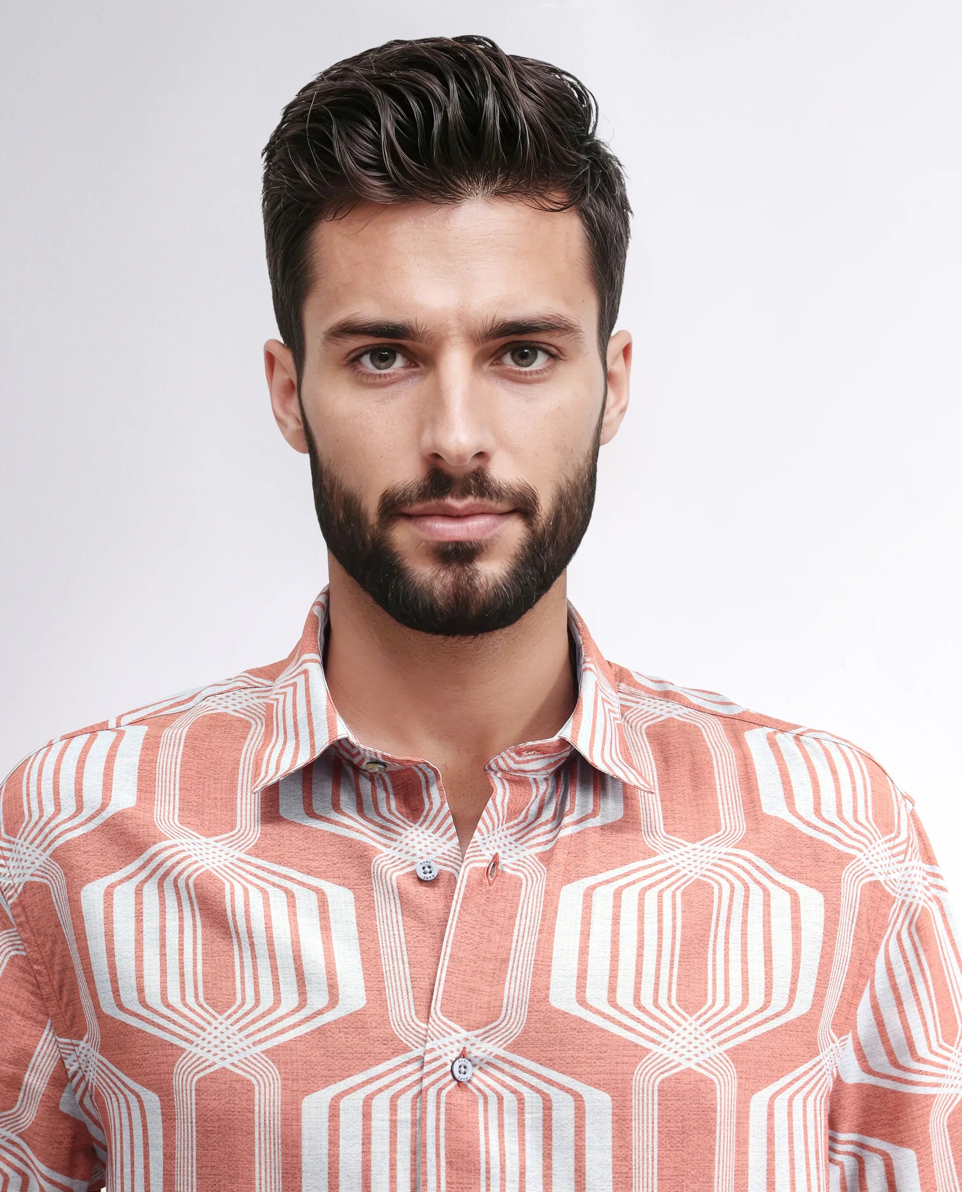 Rare Rabbit Men's Met Brown Viscose Geometric Print Regular Fit Half Sleeve Collared Shirt