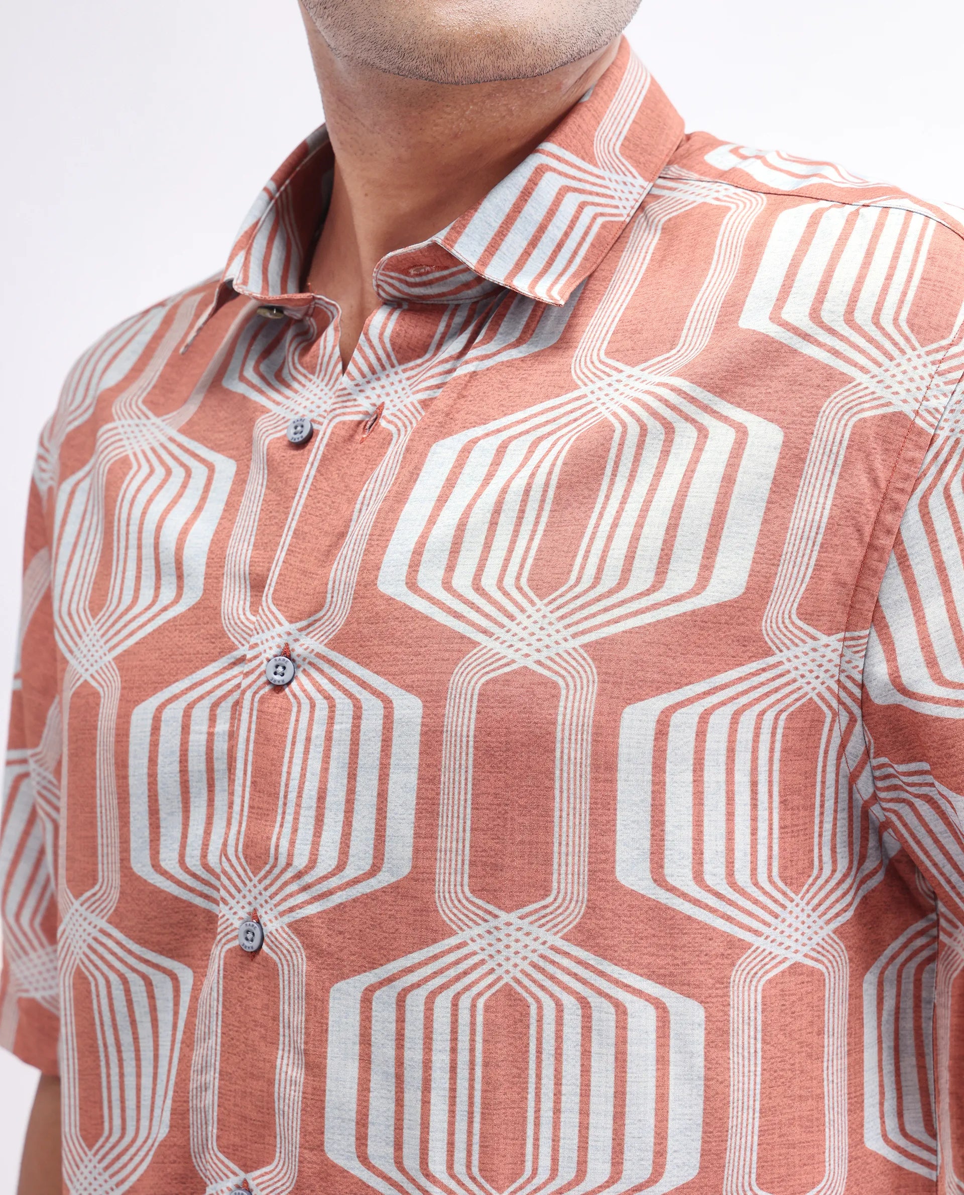 Rare Rabbit Men's Met Brown Viscose Geometric Print Regular Fit Half Sleeve Collared Shirt