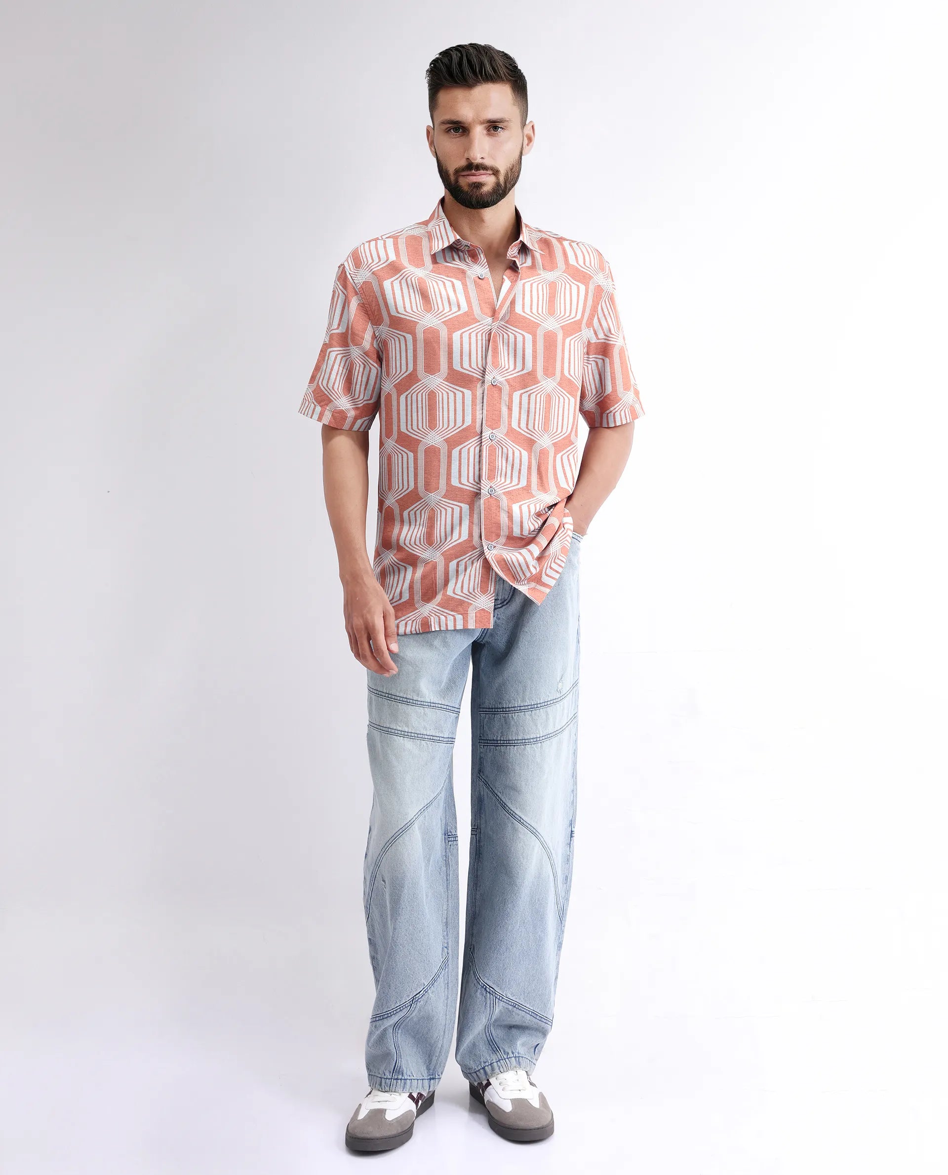 Rare Rabbit Men's Met Brown Viscose Geometric Print Regular Fit Half Sleeve Collared Shirt