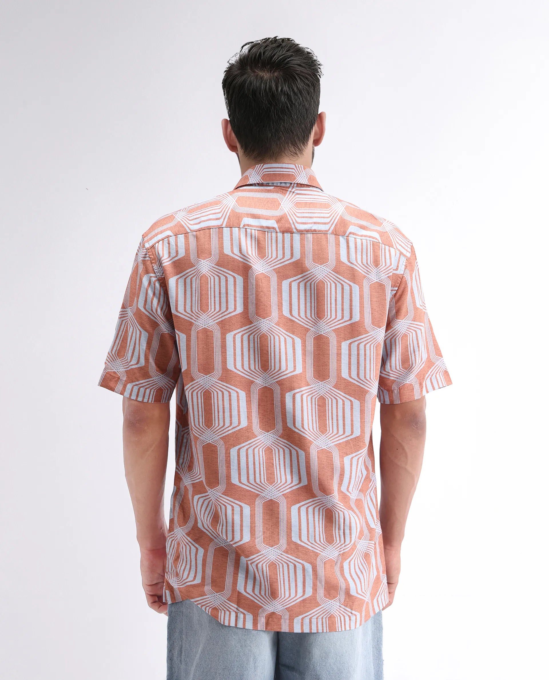 Rare Rabbit Men's Met Brown Viscose Geometric Print Regular Fit Half Sleeve Collared Shirt