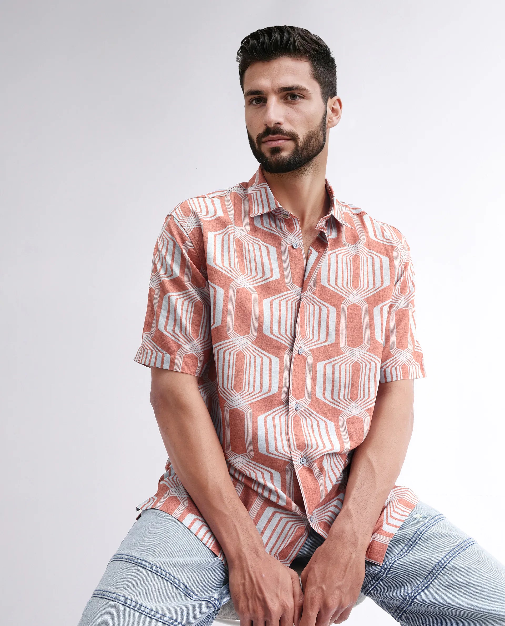 Rare Rabbit Men's Met Brown Viscose Geometric Print Regular Fit Half Sleeve Collared Shirt