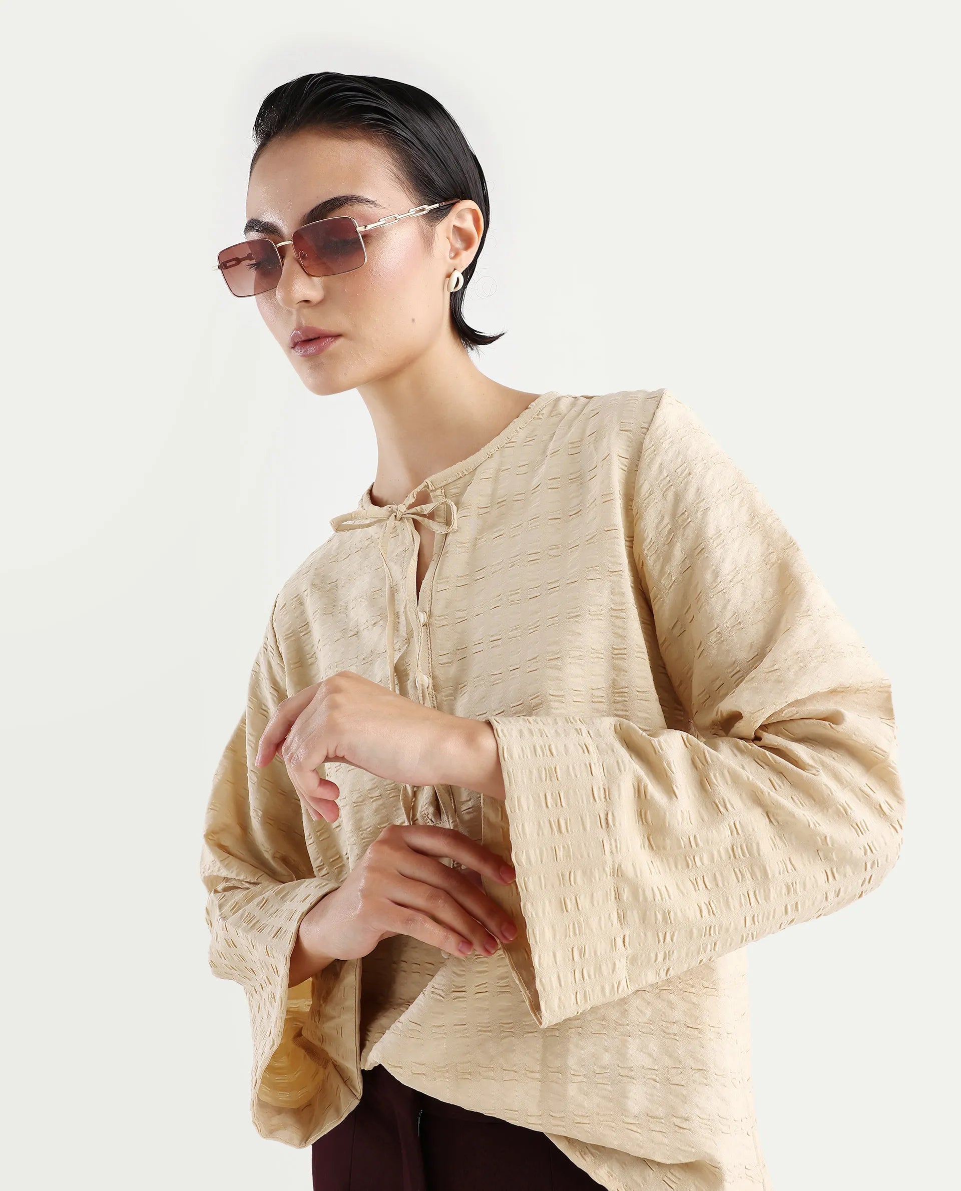 Rareism Women's Metio Light Beige Polyester Blend Tie-Up Neck Plain Relaxed Fit Top