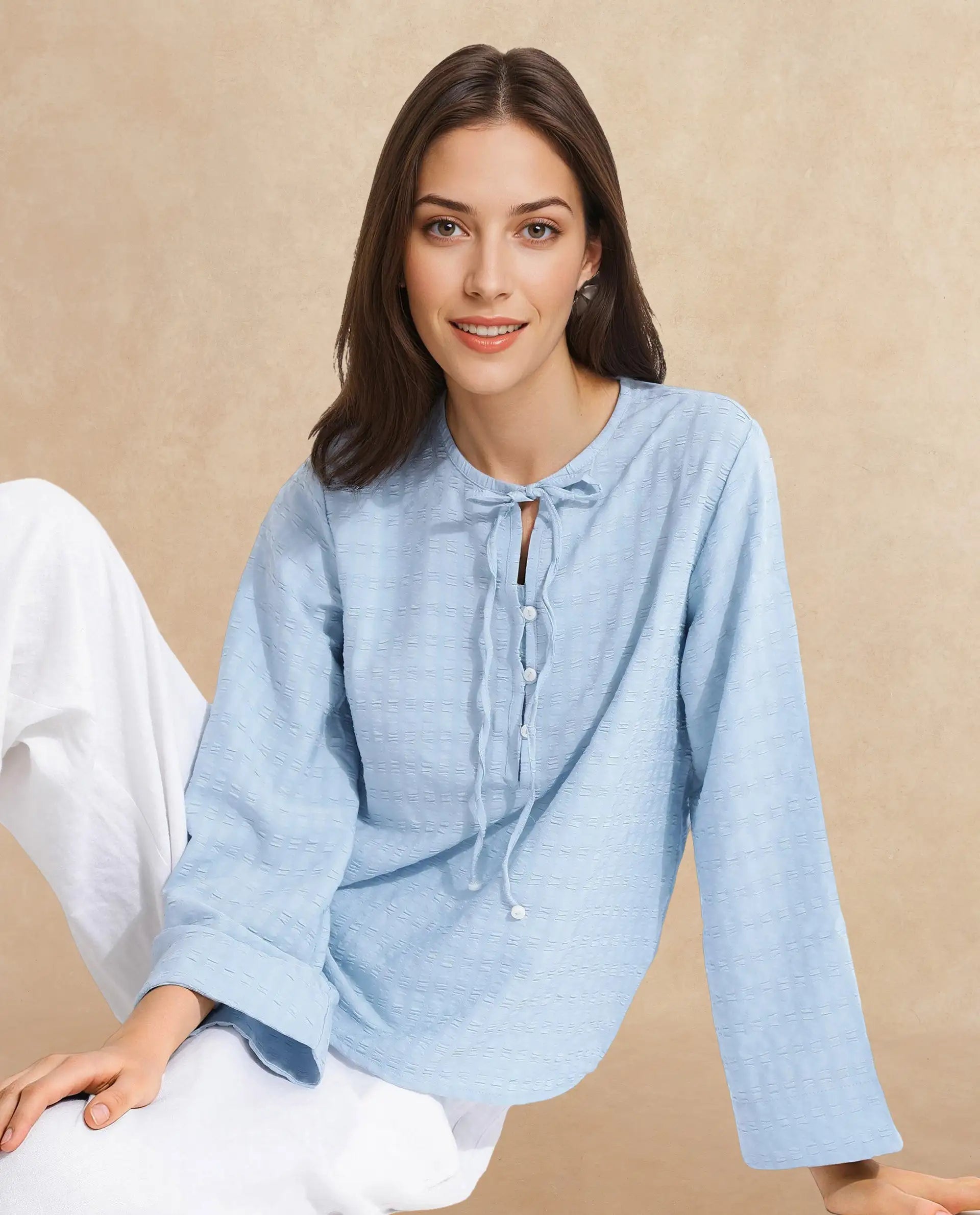 Rareism Women Metio Blue Full Sleeve Tie Up Neck  Relaxed Fit Plain Top