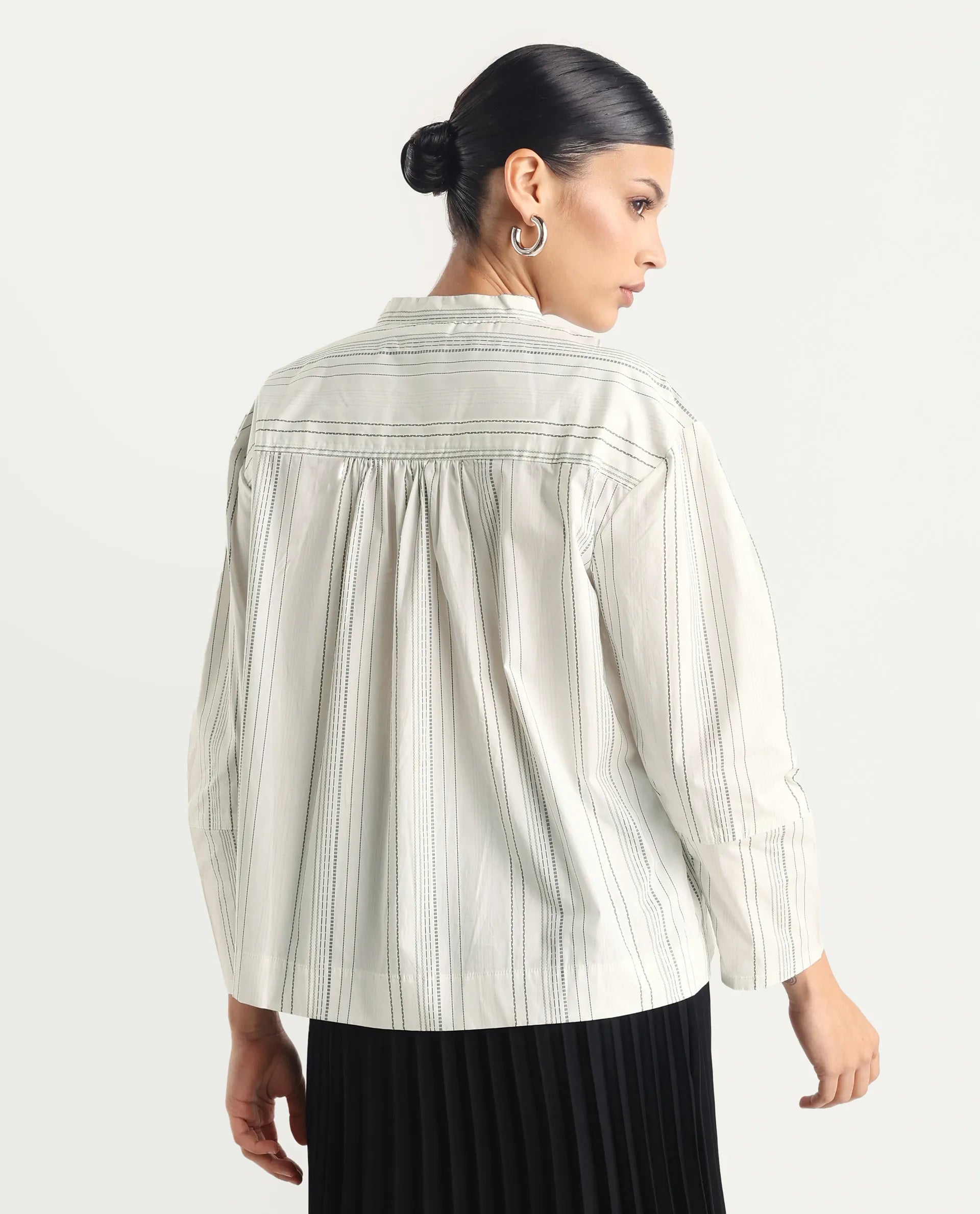 Rareism Women's Meton White Polyester Blend Mandarin Collar Striped Relaxed Fit Top