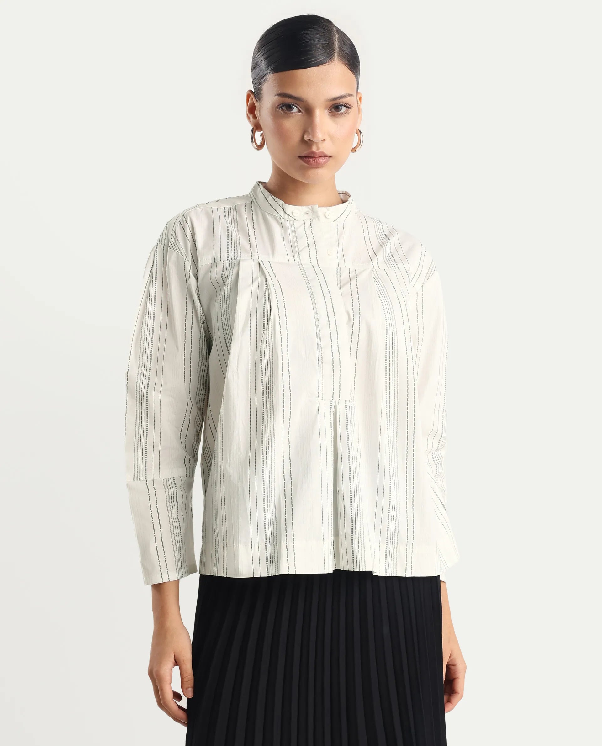 Rareism Women's Meton White Polyester Blend Mandarin Collar Striped Relaxed Fit Top