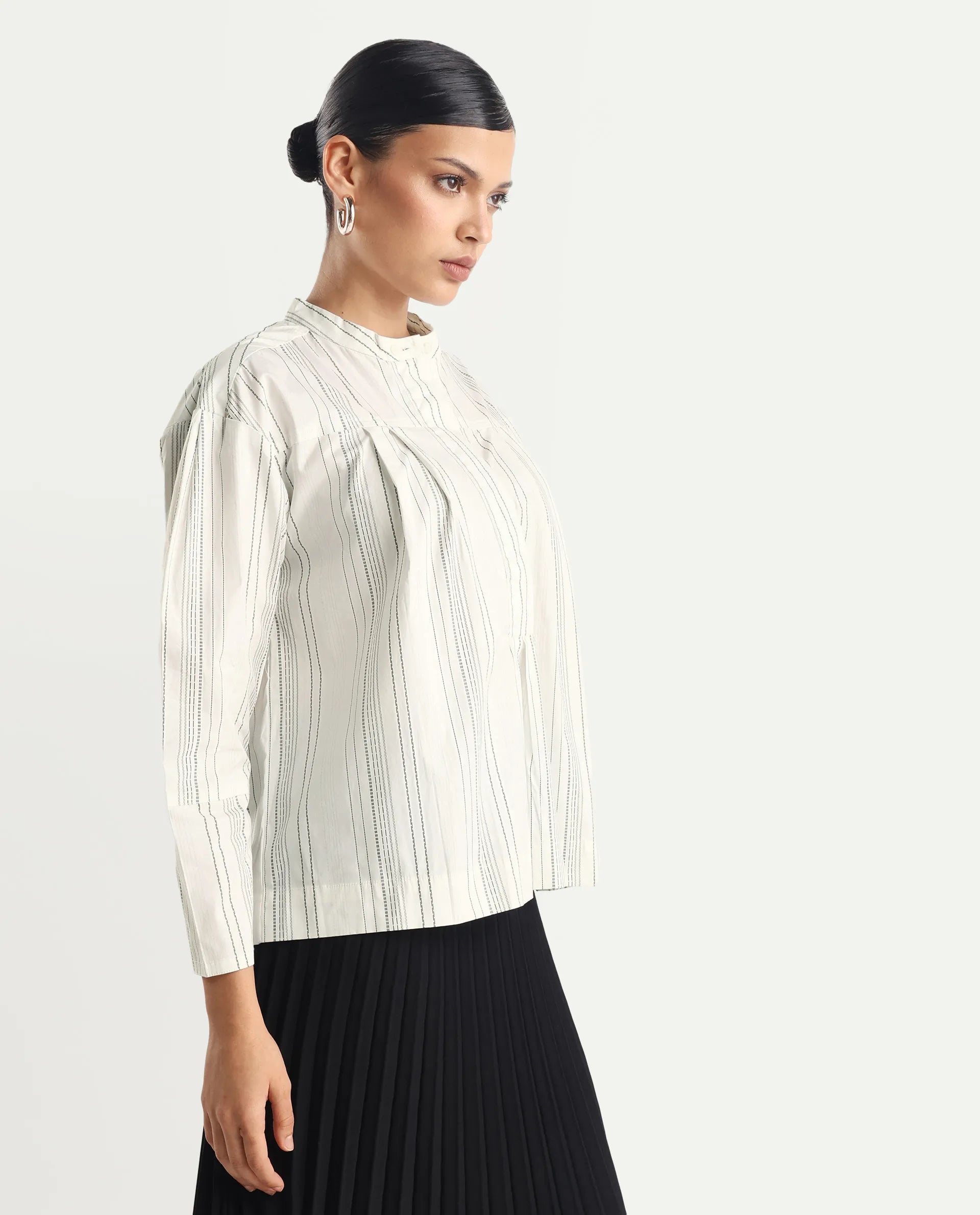 Rareism Women's Meton White Polyester Blend Mandarin Collar Striped Relaxed Fit Top