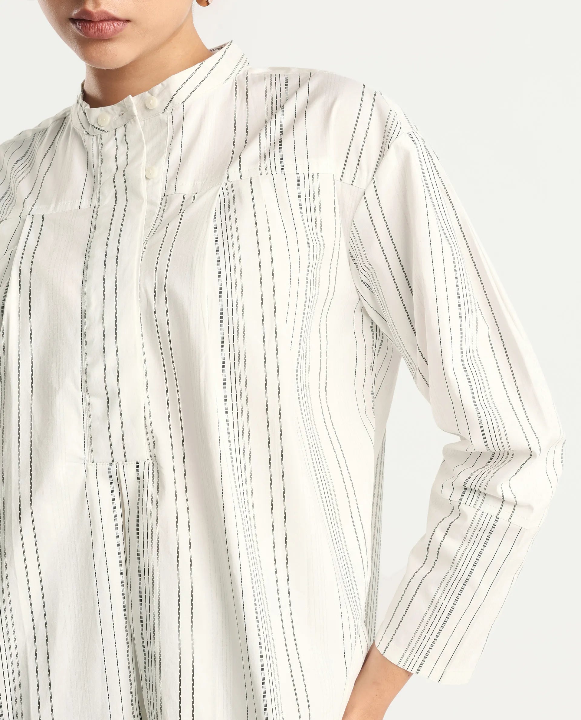 Rareism Women's Meton White Polyester Blend Mandarin Collar Striped Relaxed Fit Top