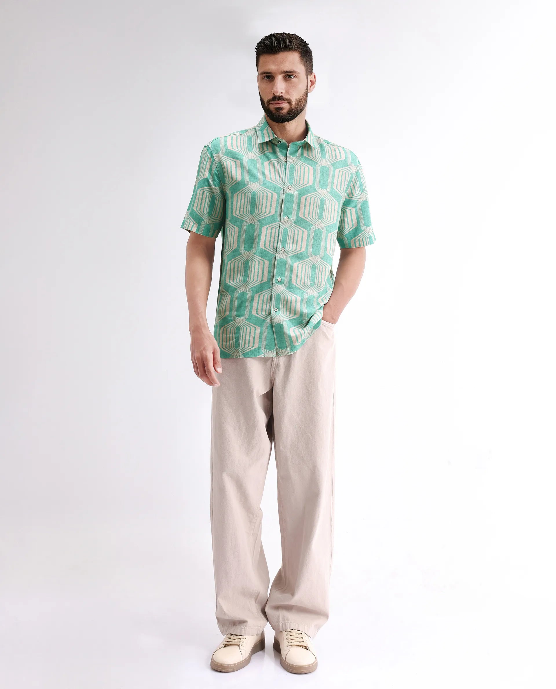 Rare Rabbit Men's Met Turq Viscose Geometric Print Regular Fit Half Sleeve Collared Shirt