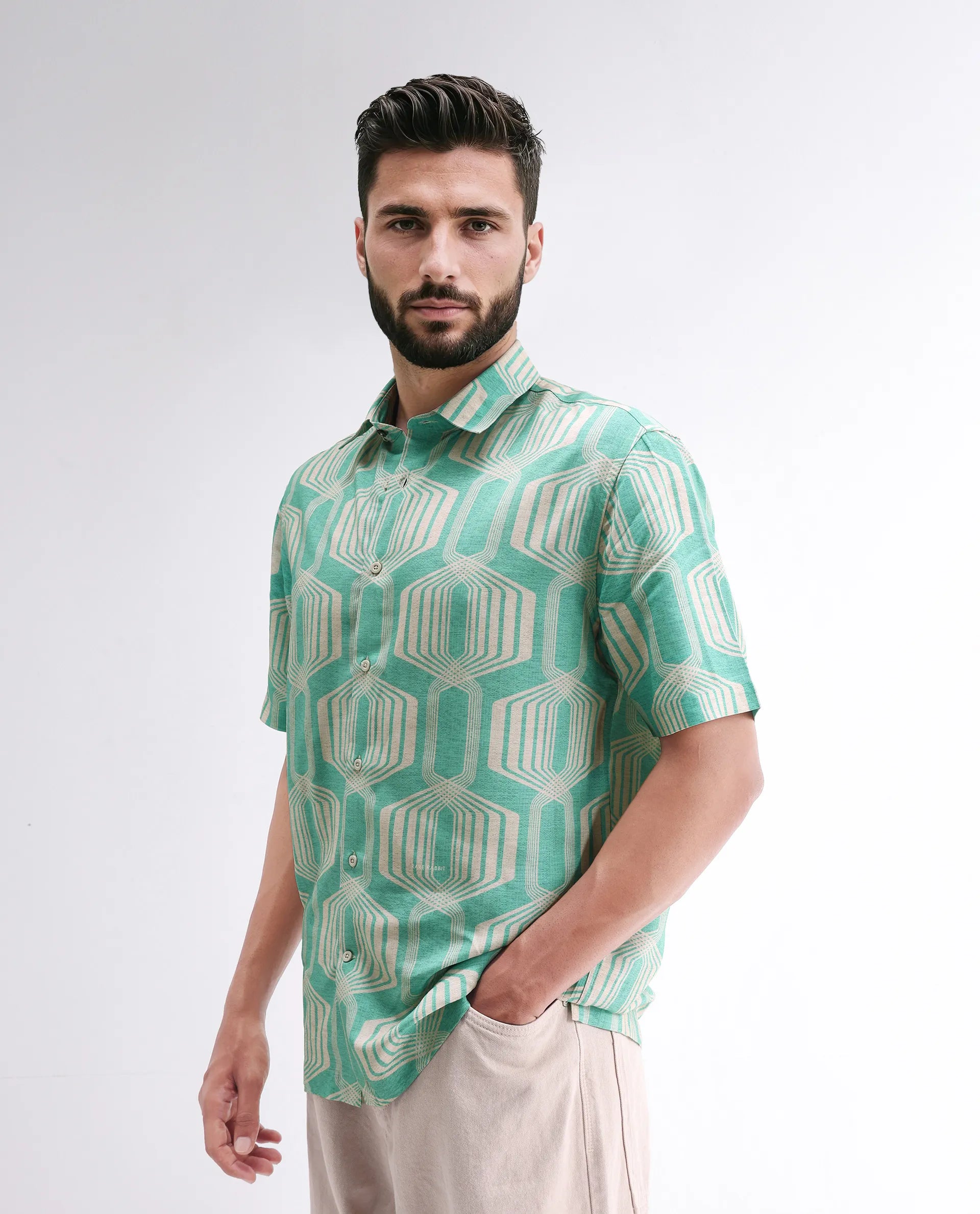 Rare Rabbit Men's Met Turq Viscose Geometric Print Regular Fit Half Sleeve Collared Shirt