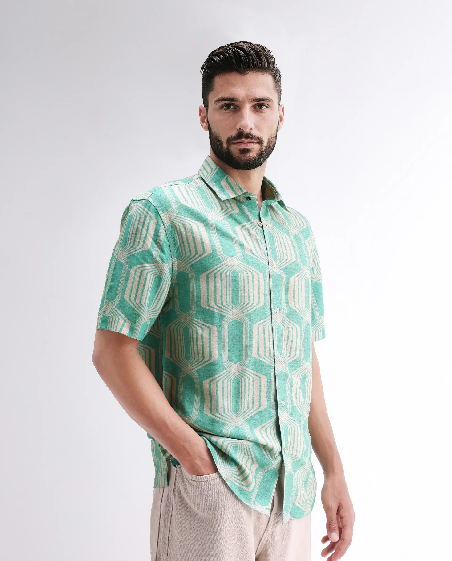 Rare Rabbit Men's Met Turq Viscose Geometric Print Regular Fit Half Sleeve Collared Shirt