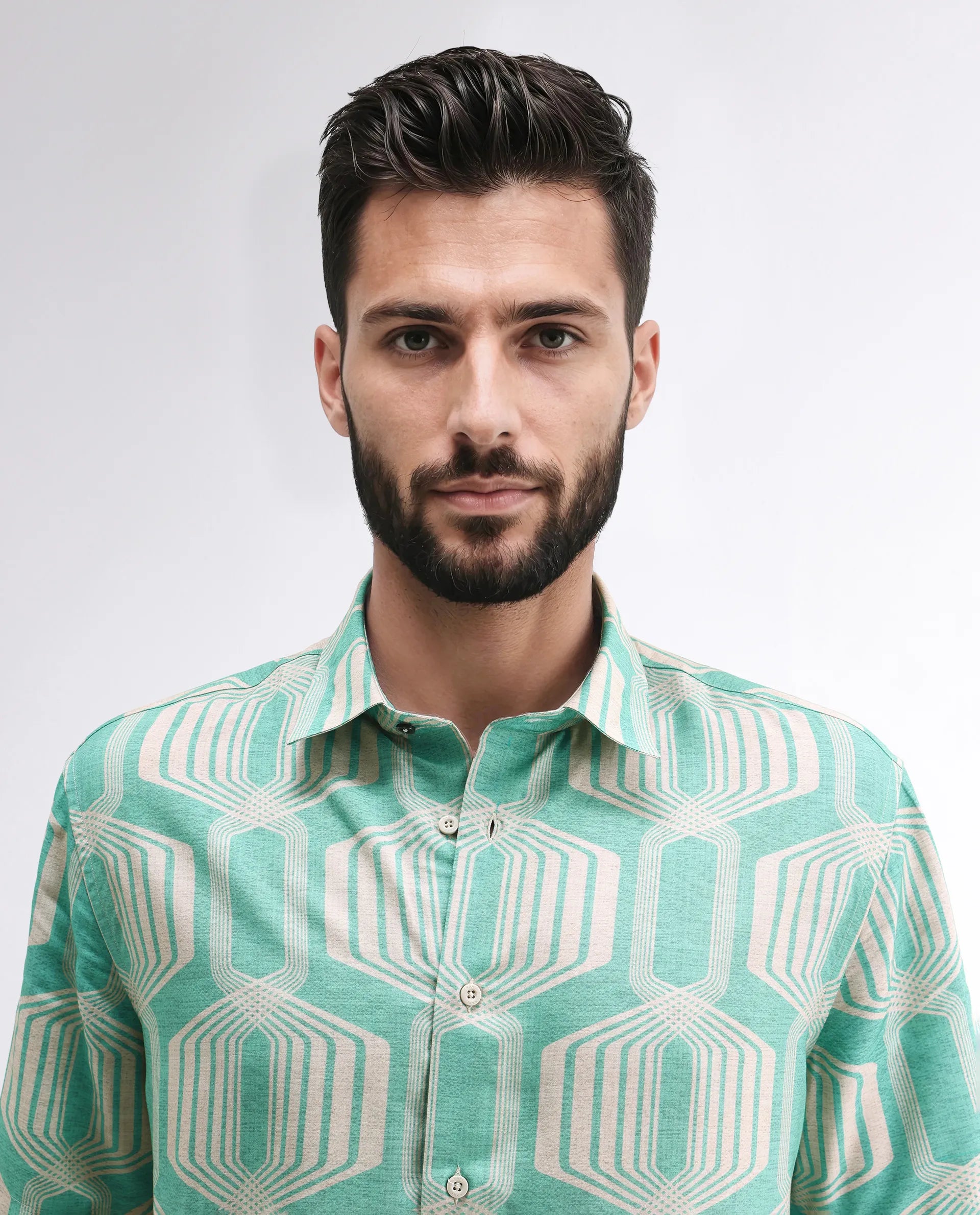 Rare Rabbit Men's Met Turq Viscose Geometric Print Regular Fit Half Sleeve Collared Shirt